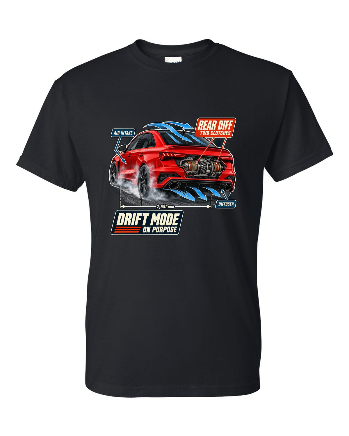 Cutaway callouts on an Audi RS3 8Y sedan showing rear diff and two clutches black t-shirt front view with the design