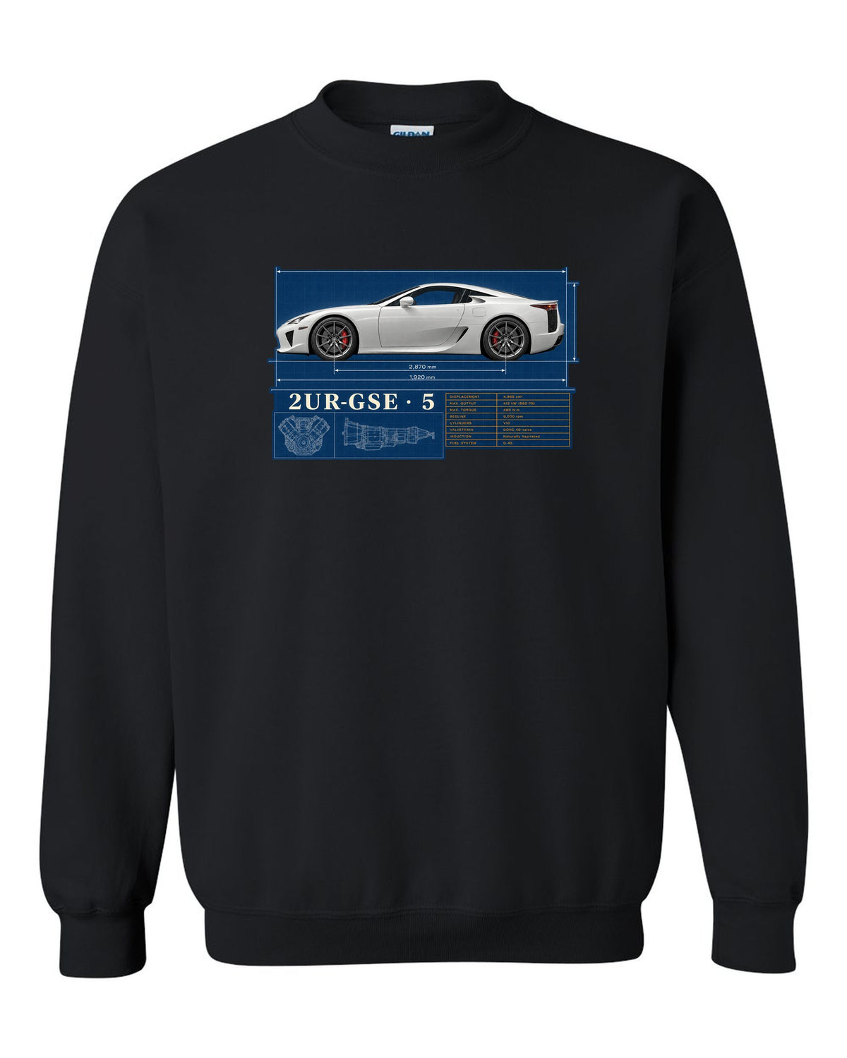 Spec poster of the Lexus LFA10 with power, weight and top speed figures black crewneck front view with the design