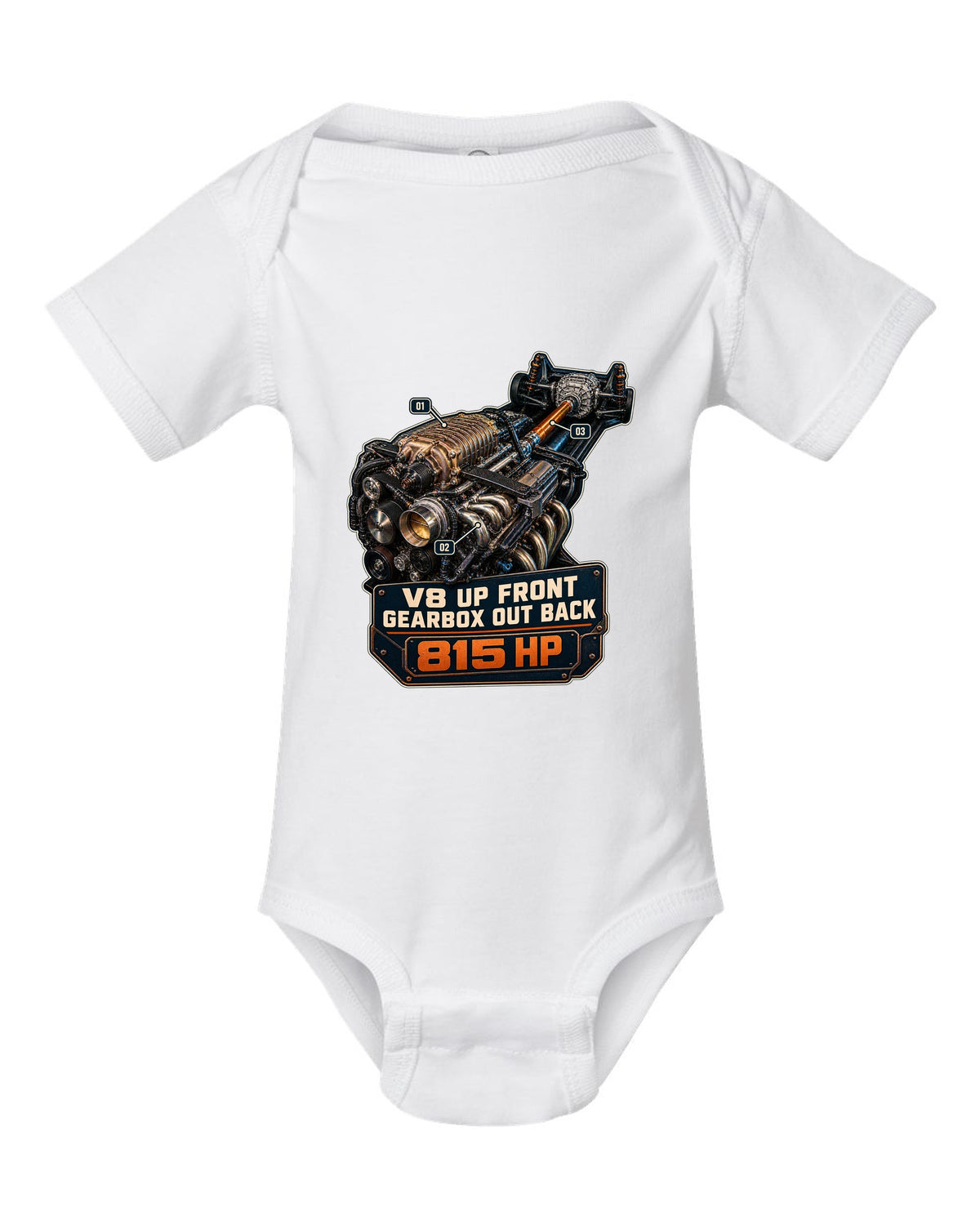 print of a Mustang GTD supercharged V8 engine with V8 up front gearbox out back text white baby onesie front view with the design