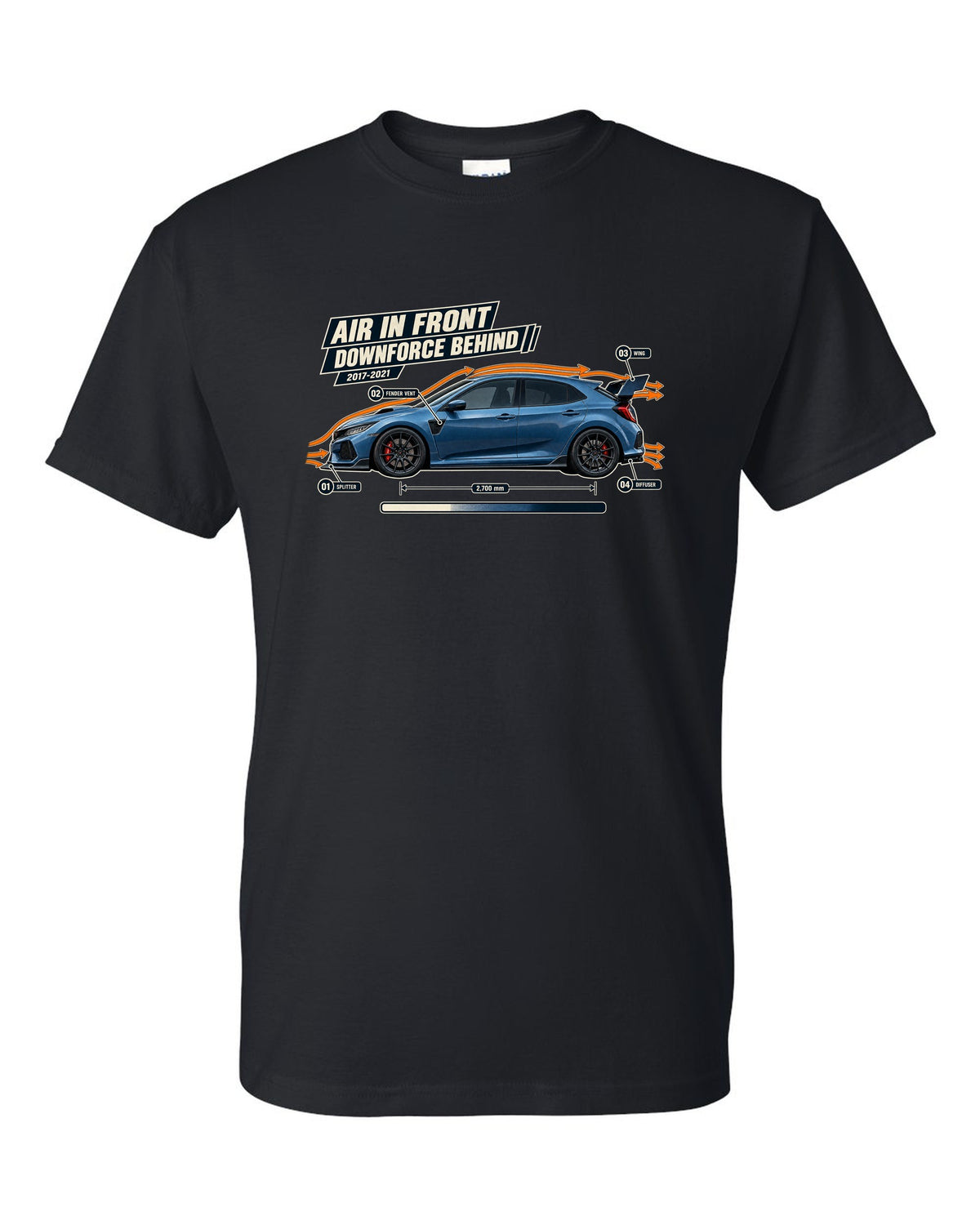 print aero callout drawing of a Boost Blue Honda Civic Type R FK8 black t-shirt front view with the design