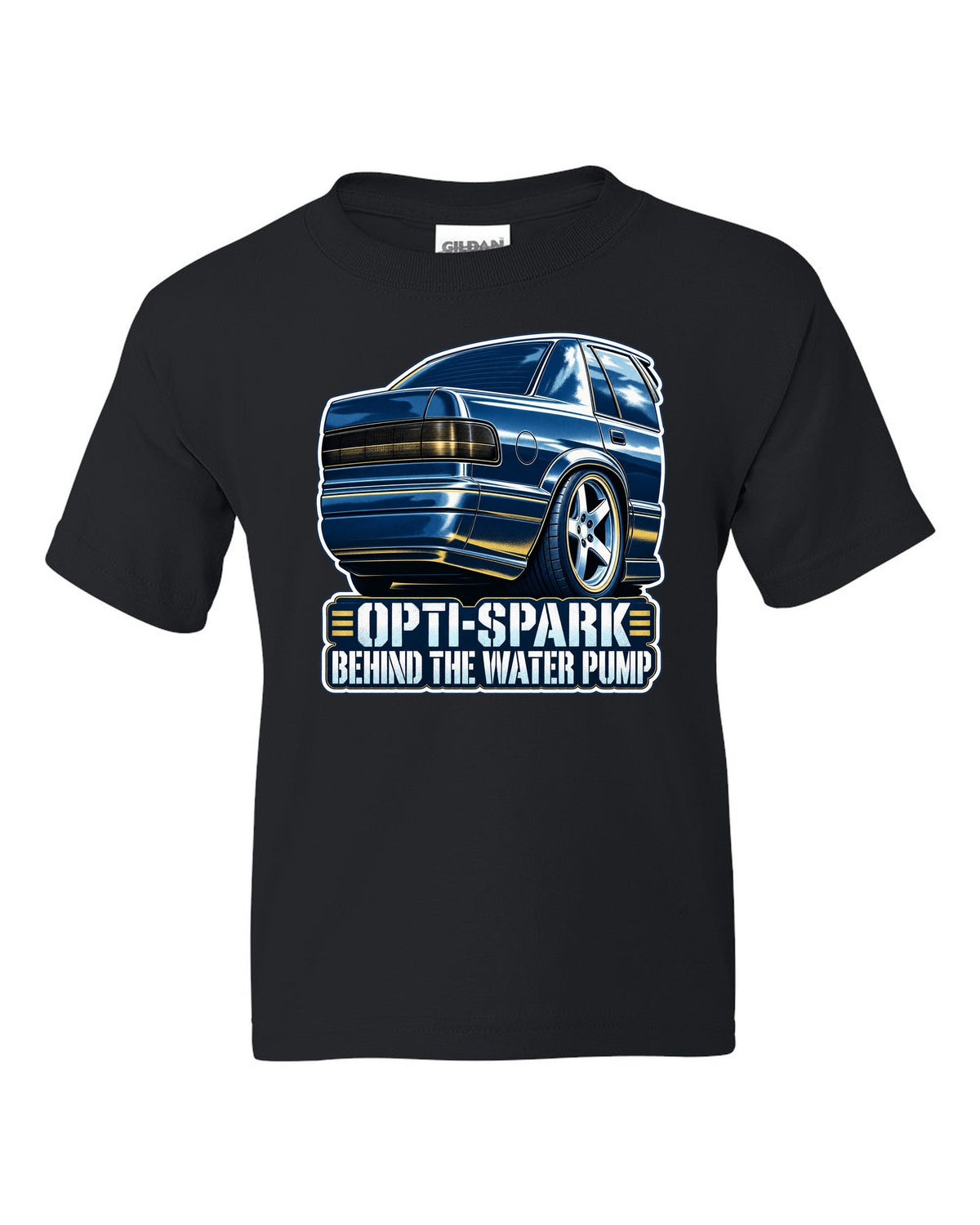 Blue cyanotype print of a 1994-96 Chevrolet Impala SS LT1 wheel with the text Opti-Spark Behind the Water Pump black kids tee front view with the design