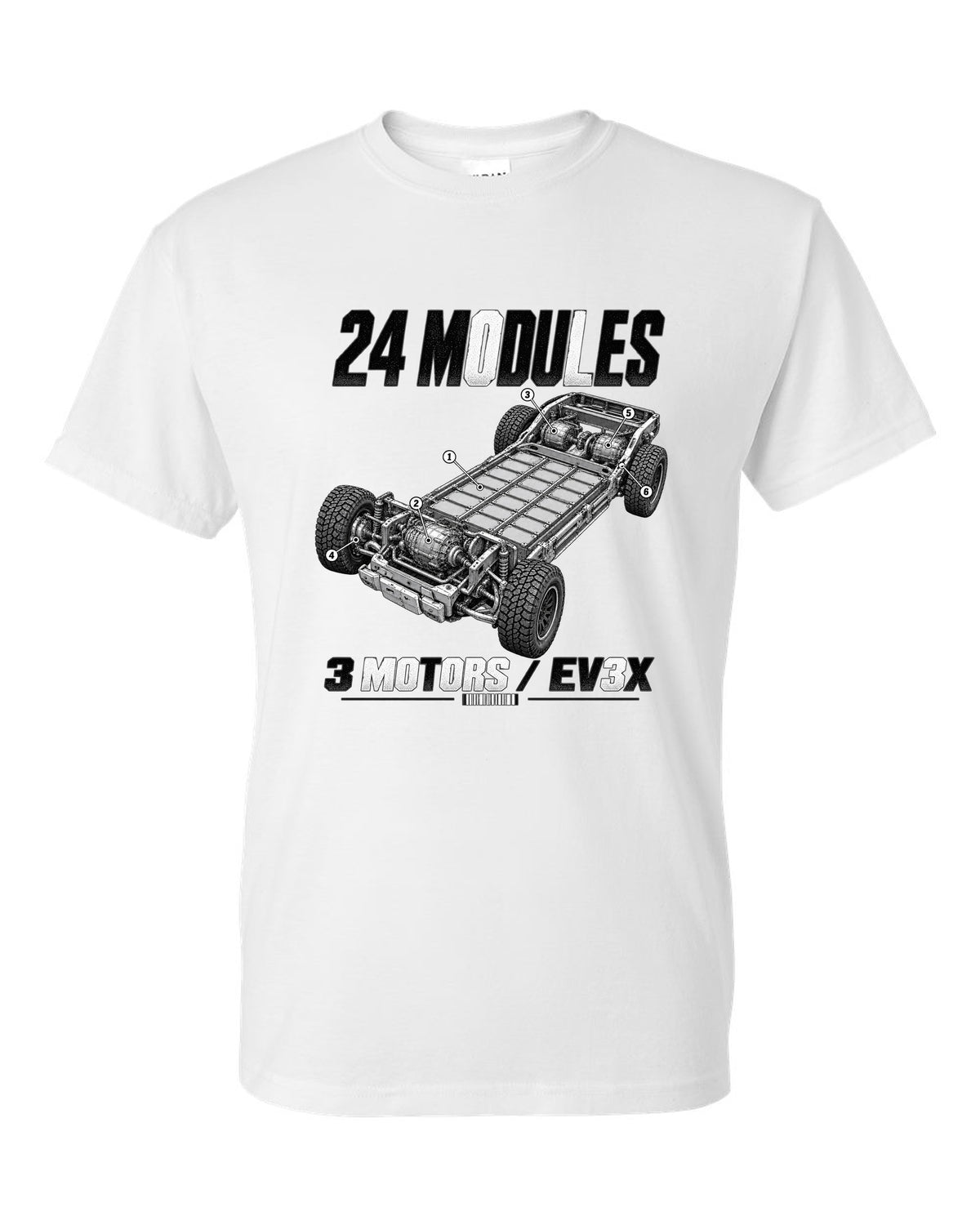 Cutaway of the GMC Hummer EV pickup battery pack and motors with labels white t-shirt front view with the design