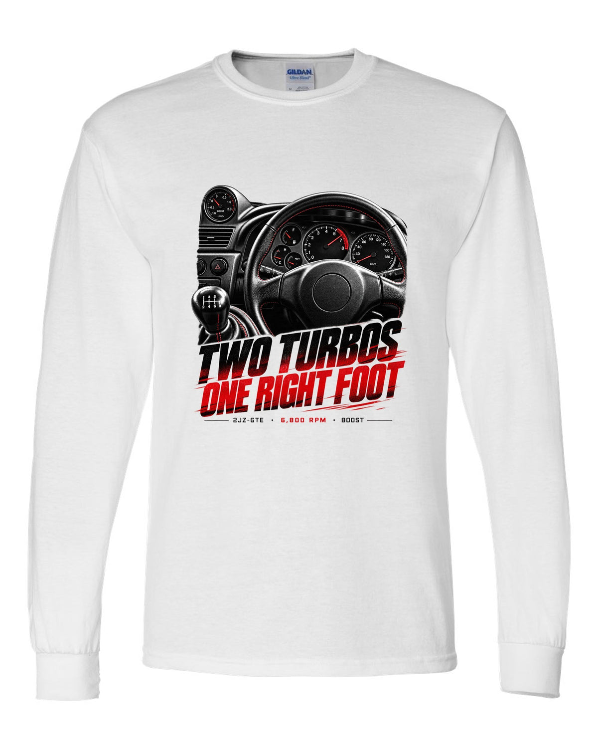 Cockpit and gauge print of a Toyota Supra A80 JZA80 with 6,800 redline white long sleeve front view with the design