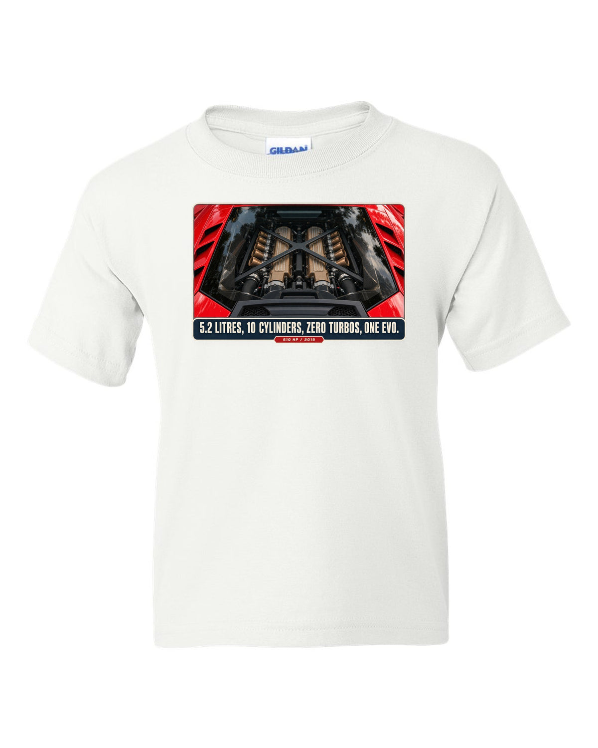 Engine hero print of the Lamborghini Huracan EVO V10 white kids tee front view with the design