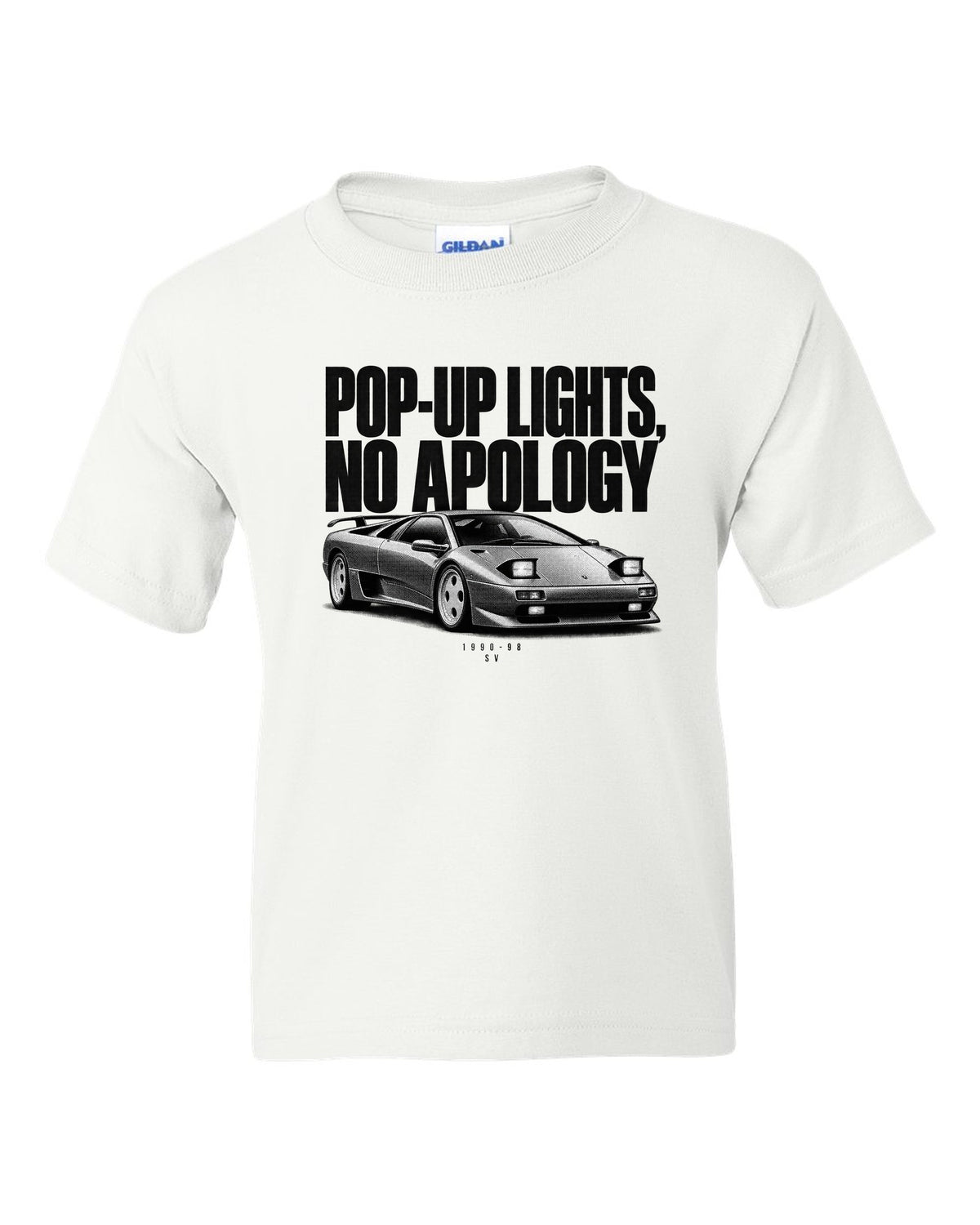 Halftone print of a Lamborghini Diablo SV with pop-up lights no apology text white kids tee front view with the design