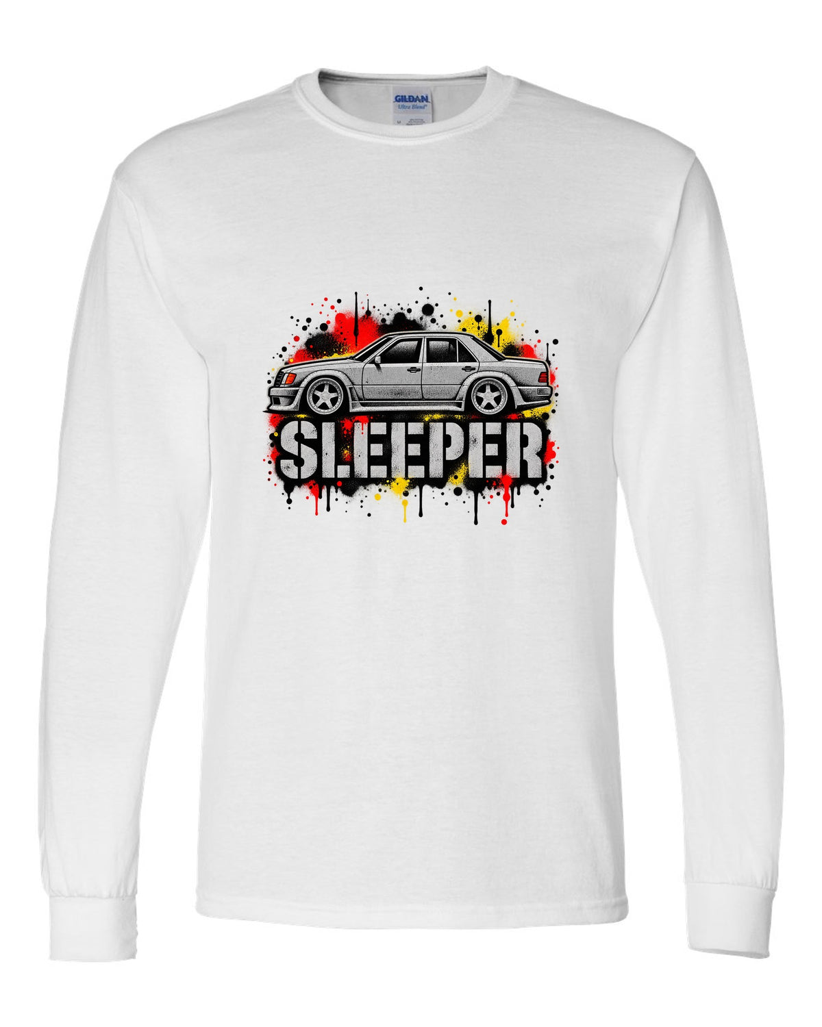 Embroidery-style varsity crest of a Mercedes 300E 5.6 Hammer W124 white long sleeve front view with the design