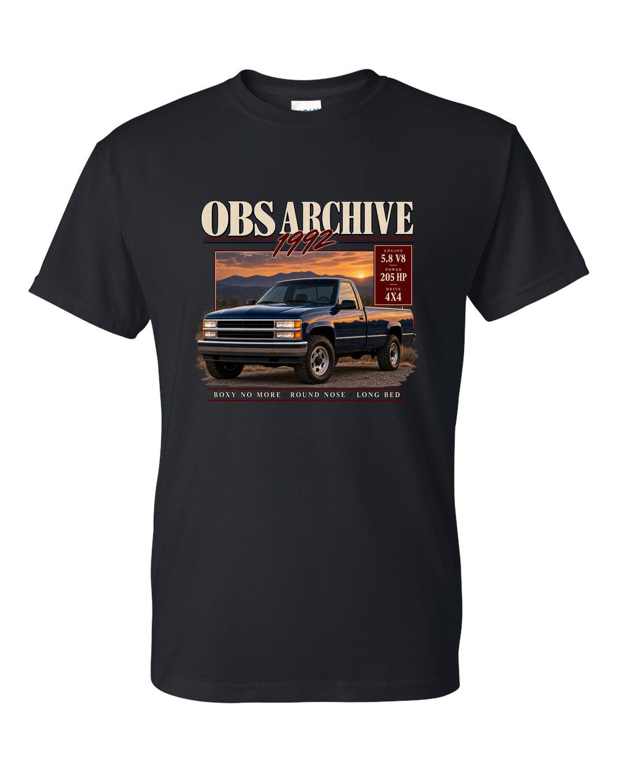 Ford F-150 OBS 1992-97 archive panel print listing 5.8 V8, 205 HP and 4x4 black t-shirt front view with the design