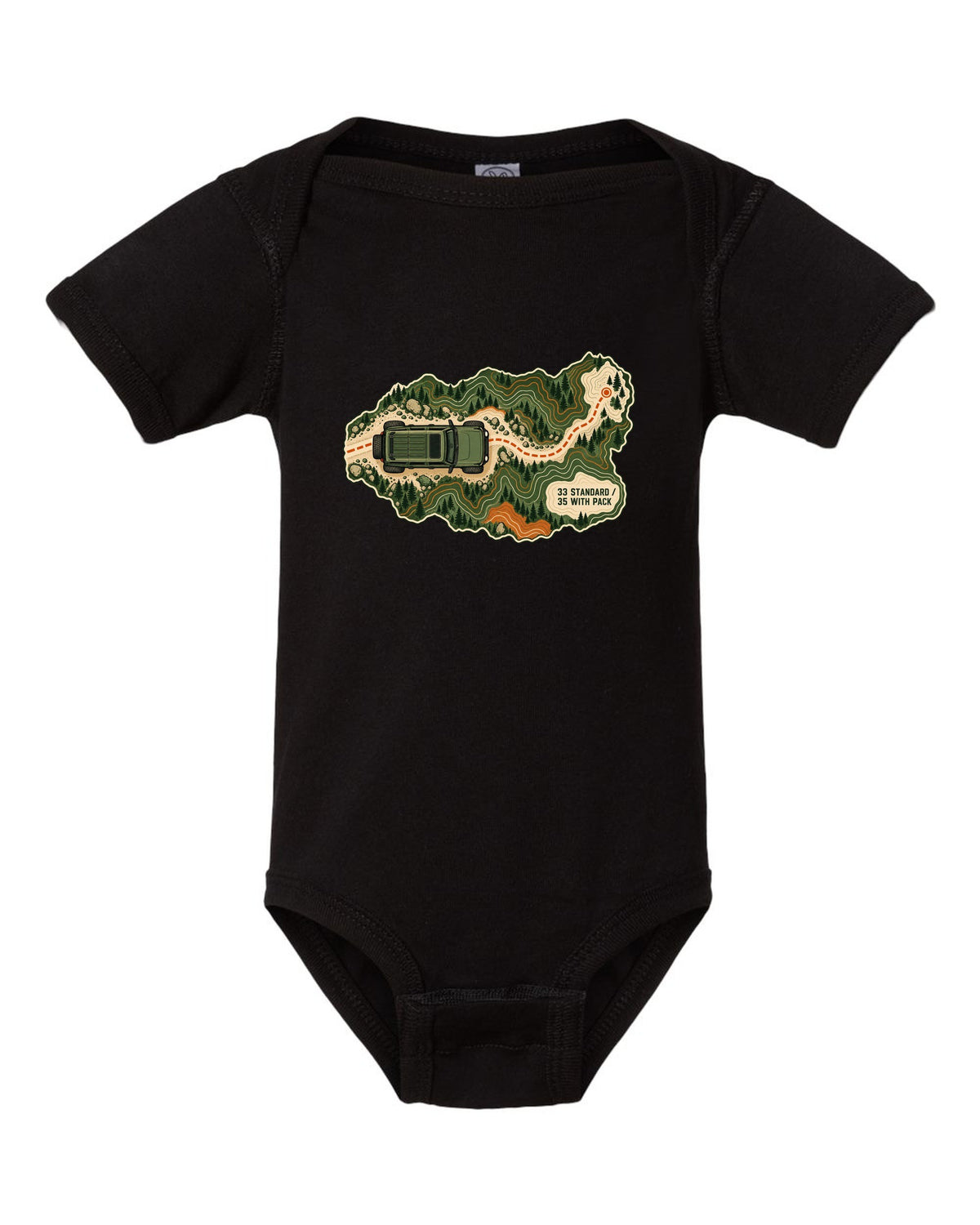 Topographic route map art of a 2021 Ford Bronco 4-door Badlands with 33 STANDARD 35 WITH PACK notes black baby onesie front view with the design