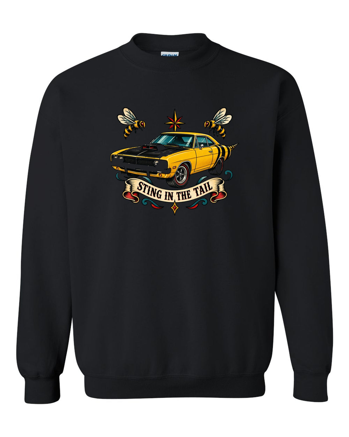 Hand-drawn tattoo flash print of a 1969 Dodge Coronet Super Bee with sting in the tail text black crewneck front view with the design