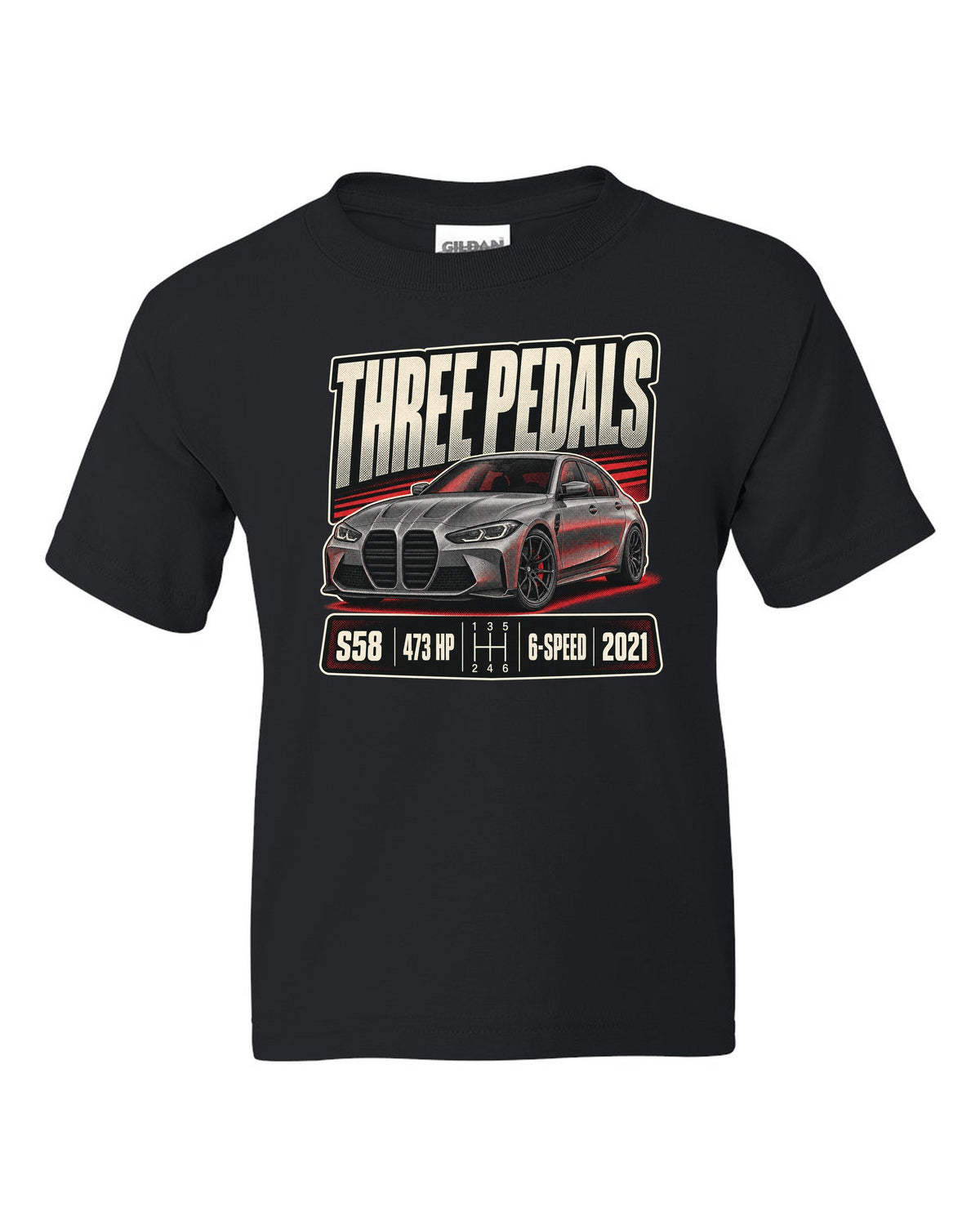 BMW M3 G80 six-speed manual halftone print with three pedals text black kids tee front view with the design