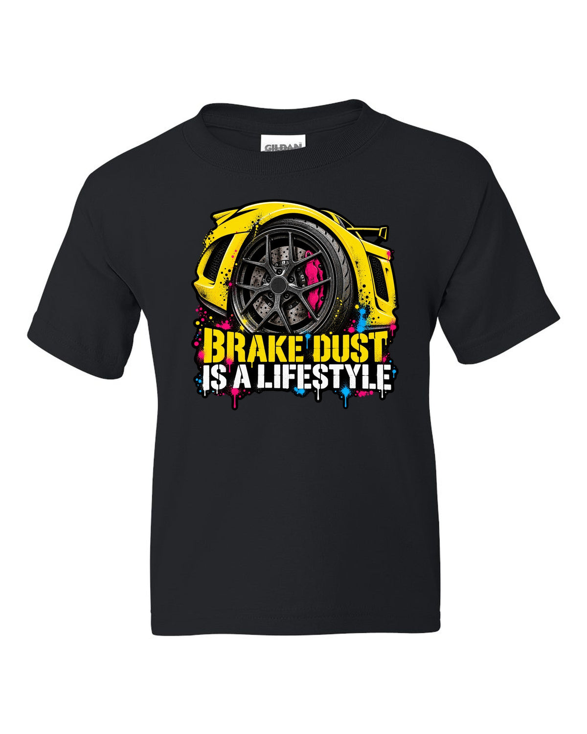 Lotus Exige stencil spray street art with BRAKE DUST IS A LIFESTYLE lettering black kids tee front view with the design