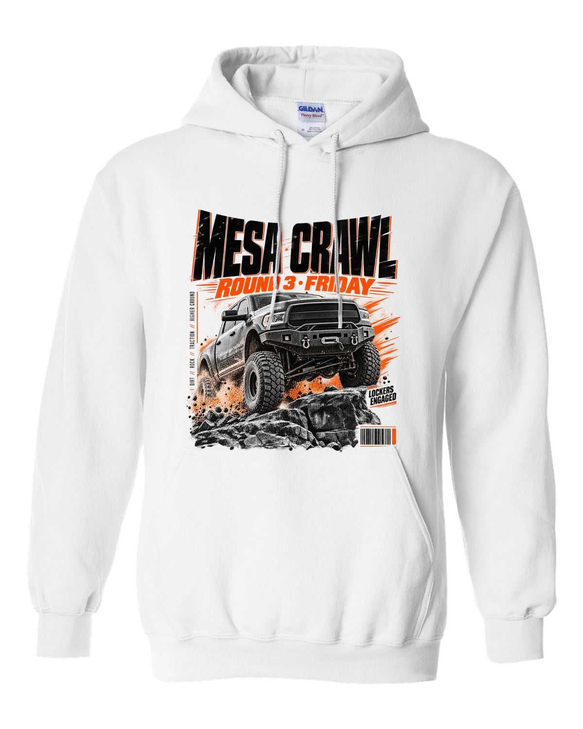 Race poster print of a Ram 2500 Power Wagon at a Mesa Crawl event white pull over hoodie front view with the design