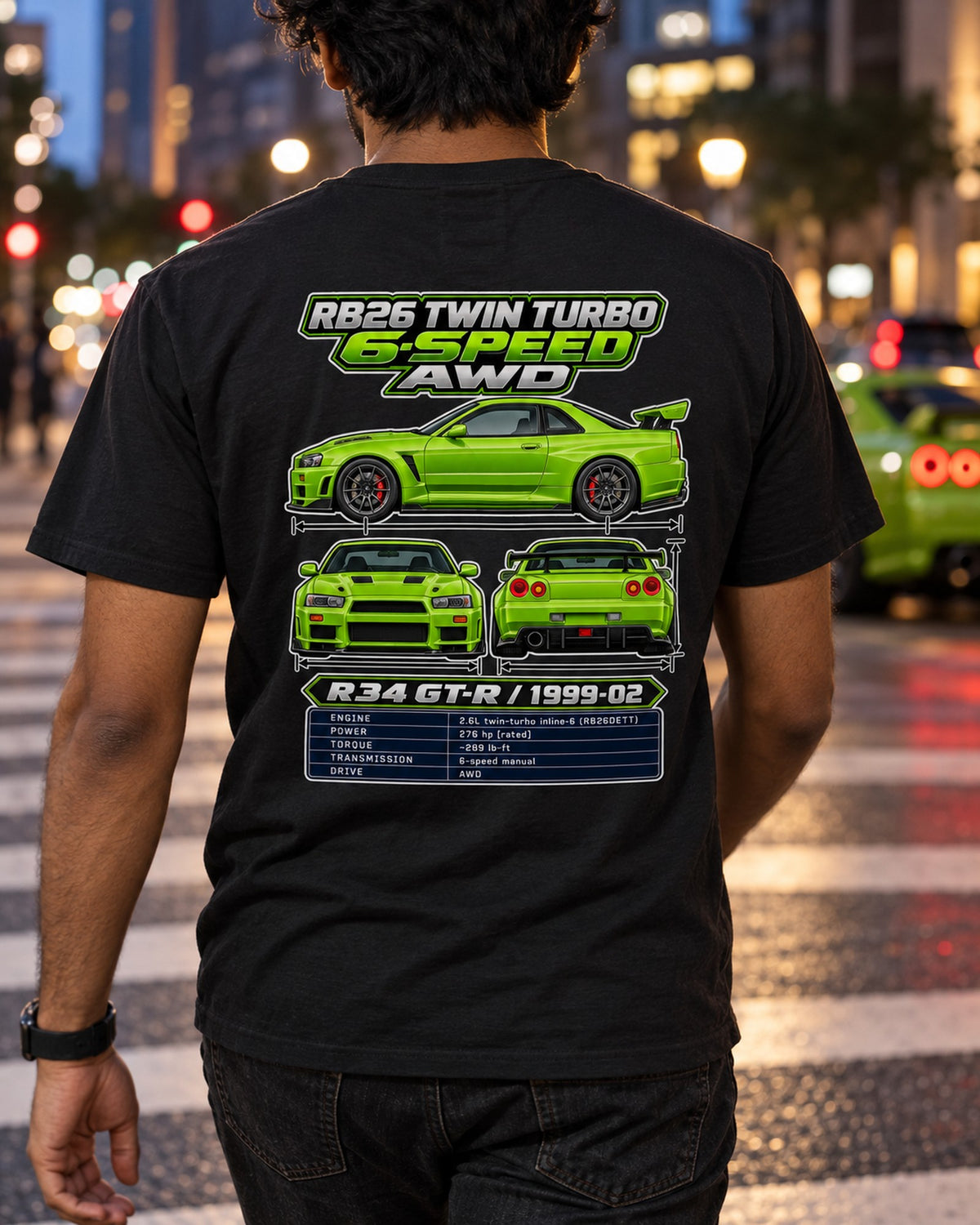 Nissan Skyline Gt R R34 Spec Sheet Full-Back Graphic Tee T-Shirt Black worn hero