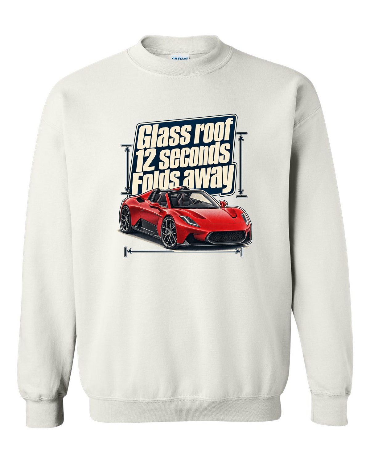 Maserati MC20 Cielo editorial headline print on a shirt white crewneck front view with the design