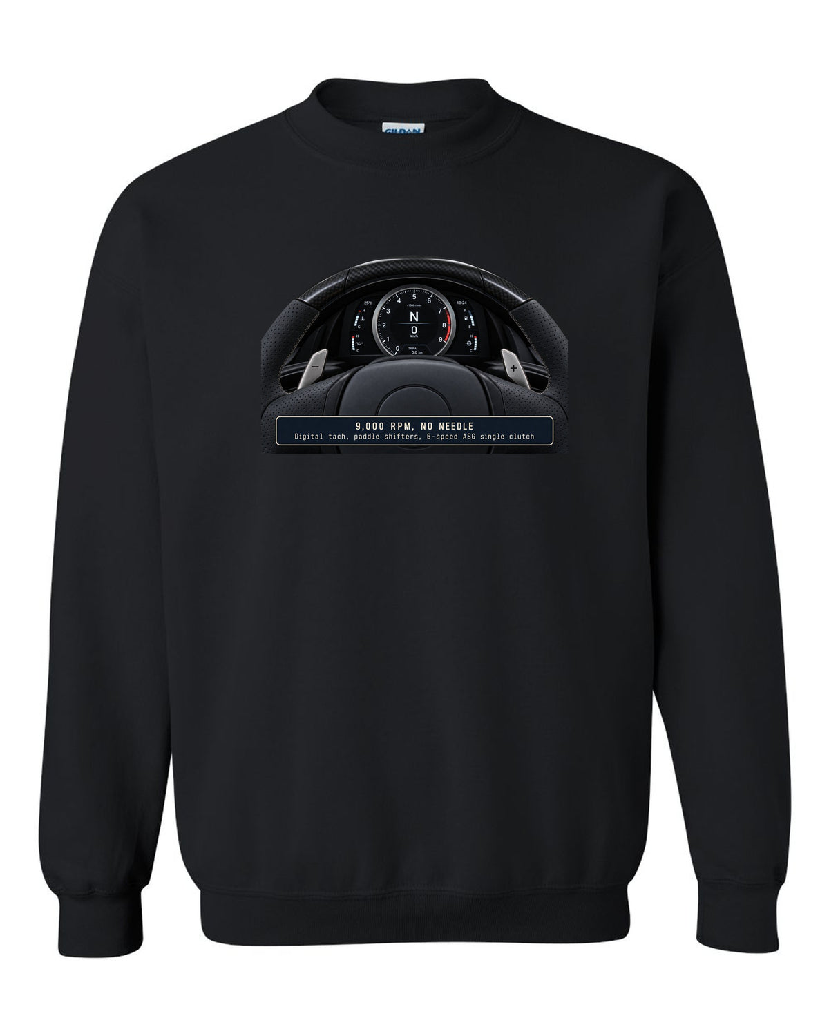 Engine hero print of the Lexus LFA 1LR-GUE 4.8 L V10 black crewneck front view with the design