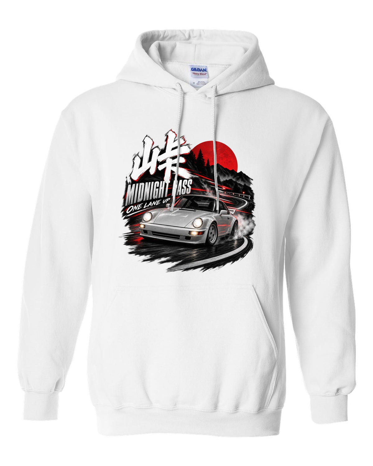 Touge night print of an outlaw-style Porsche 911 Carrera 4 964 on a mountain pass white pull over hoodie front view with the design