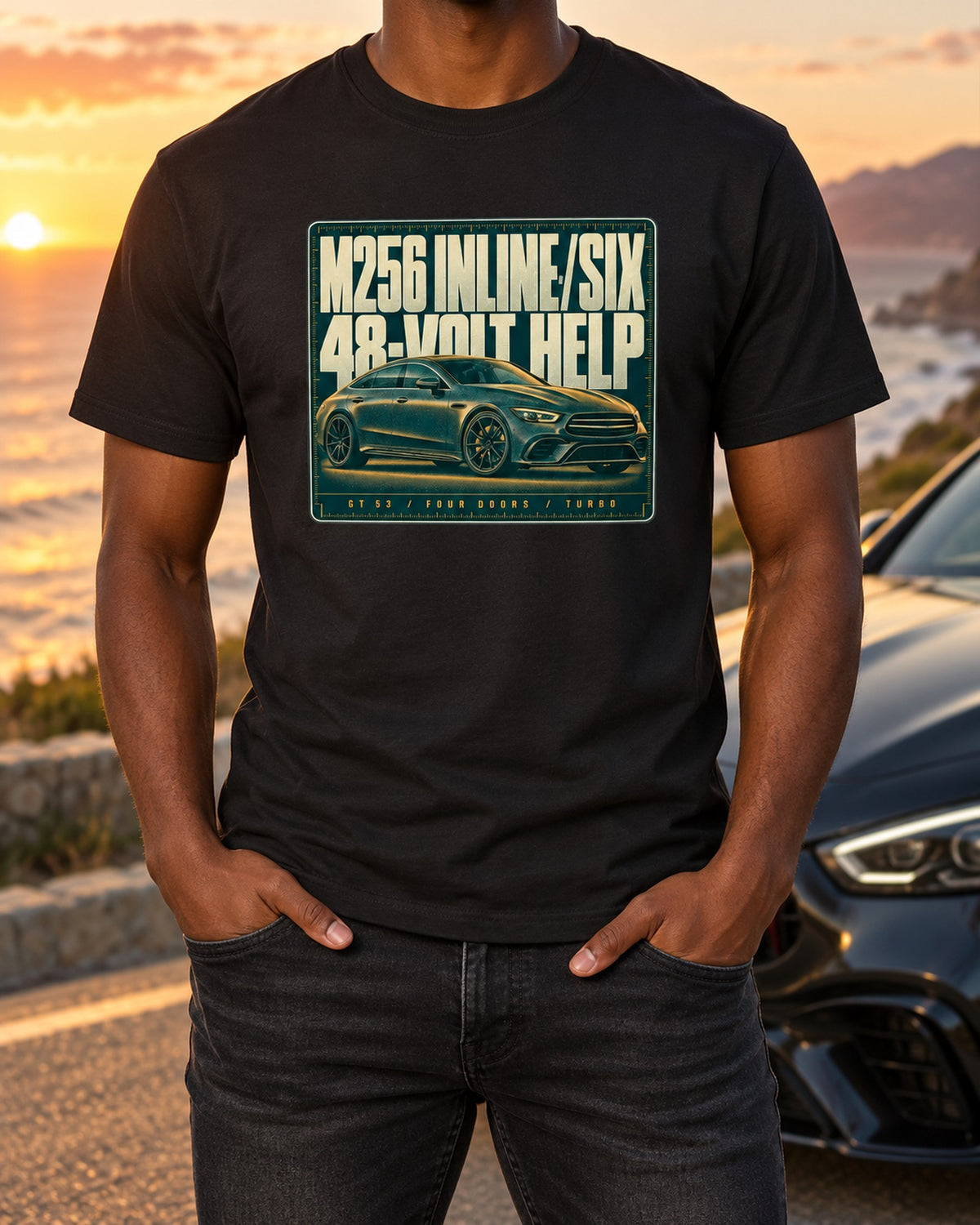 AMG GT 53 4-Door X290 Halftone Tee, M256 Inline-Six Shirt T-Shirt Black worn hero