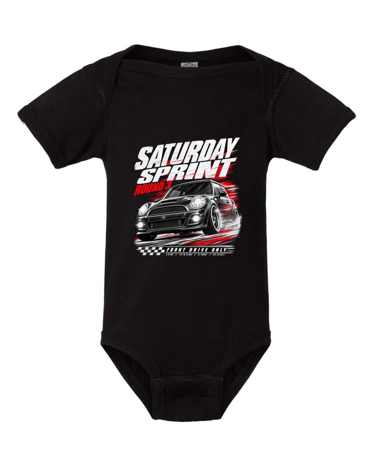 Race poster print of a Mini Cooper JCW R56 front three-quarter at a Saturday sprint round three black baby onesie front view with the design
