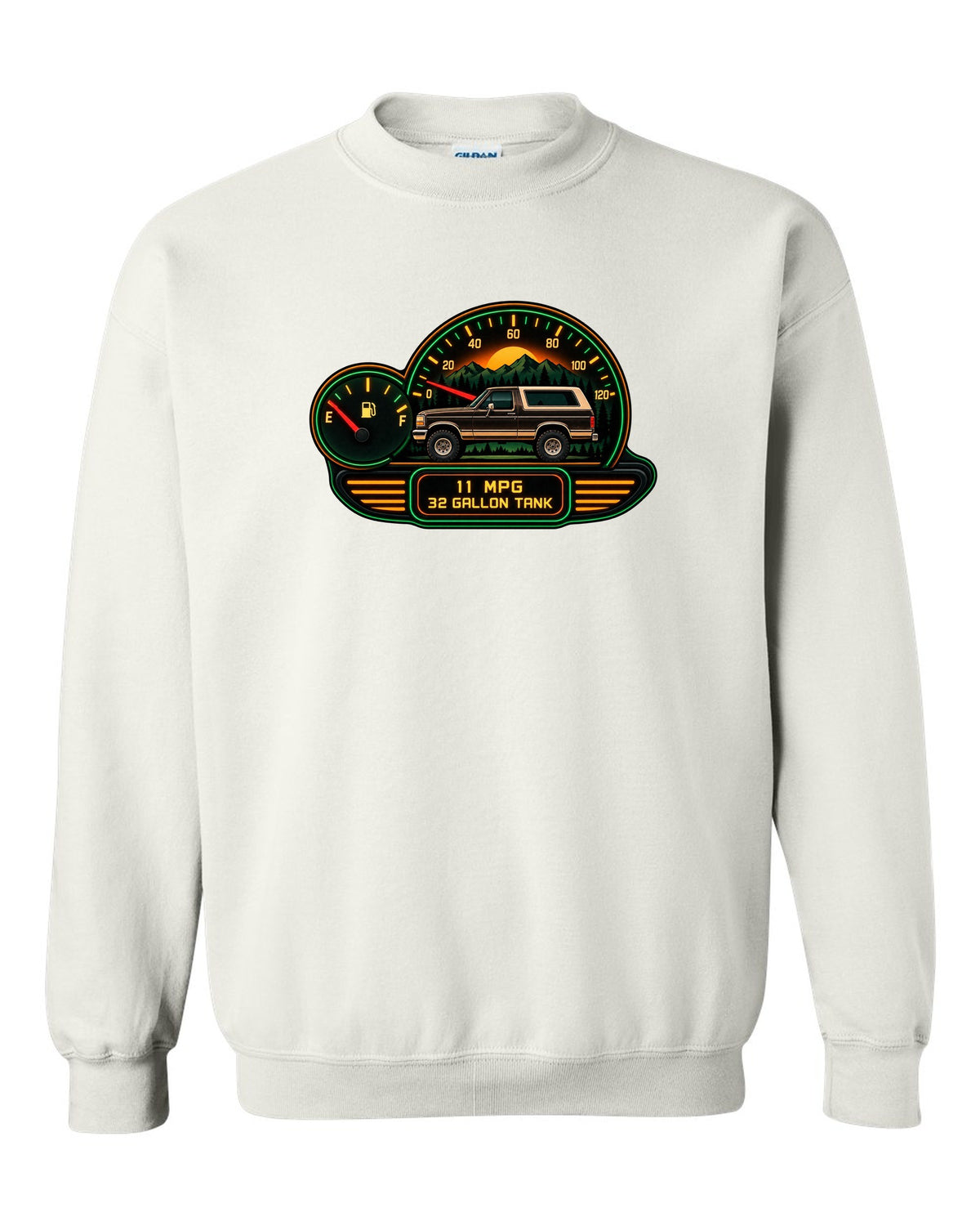 Gauge-cluster HUD style art of a 1987-91 Ford Bronco Brick-Nose dash with 11 MPG 32 GALLON TANK readouts white crewneck front view with the design