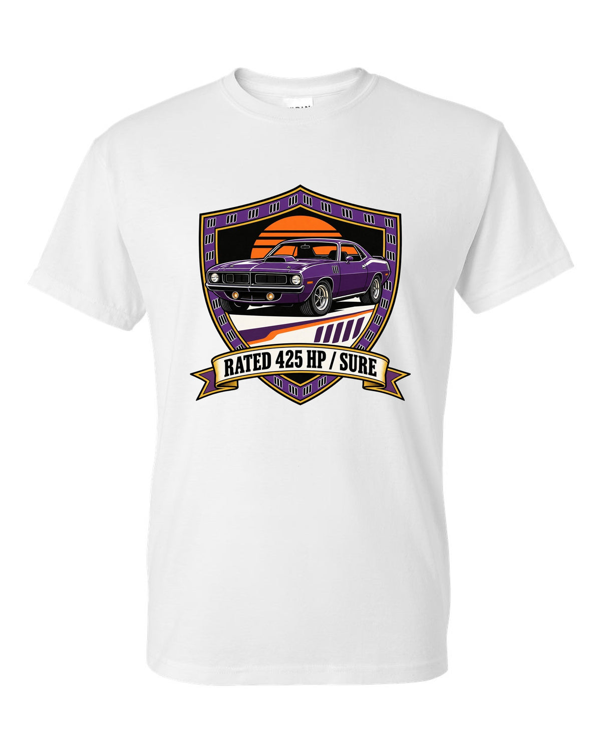 Original shield crest design for a 1970 Plymouth Hemi Cuda with rated 425 HP sure text white t-shirt front view with the design