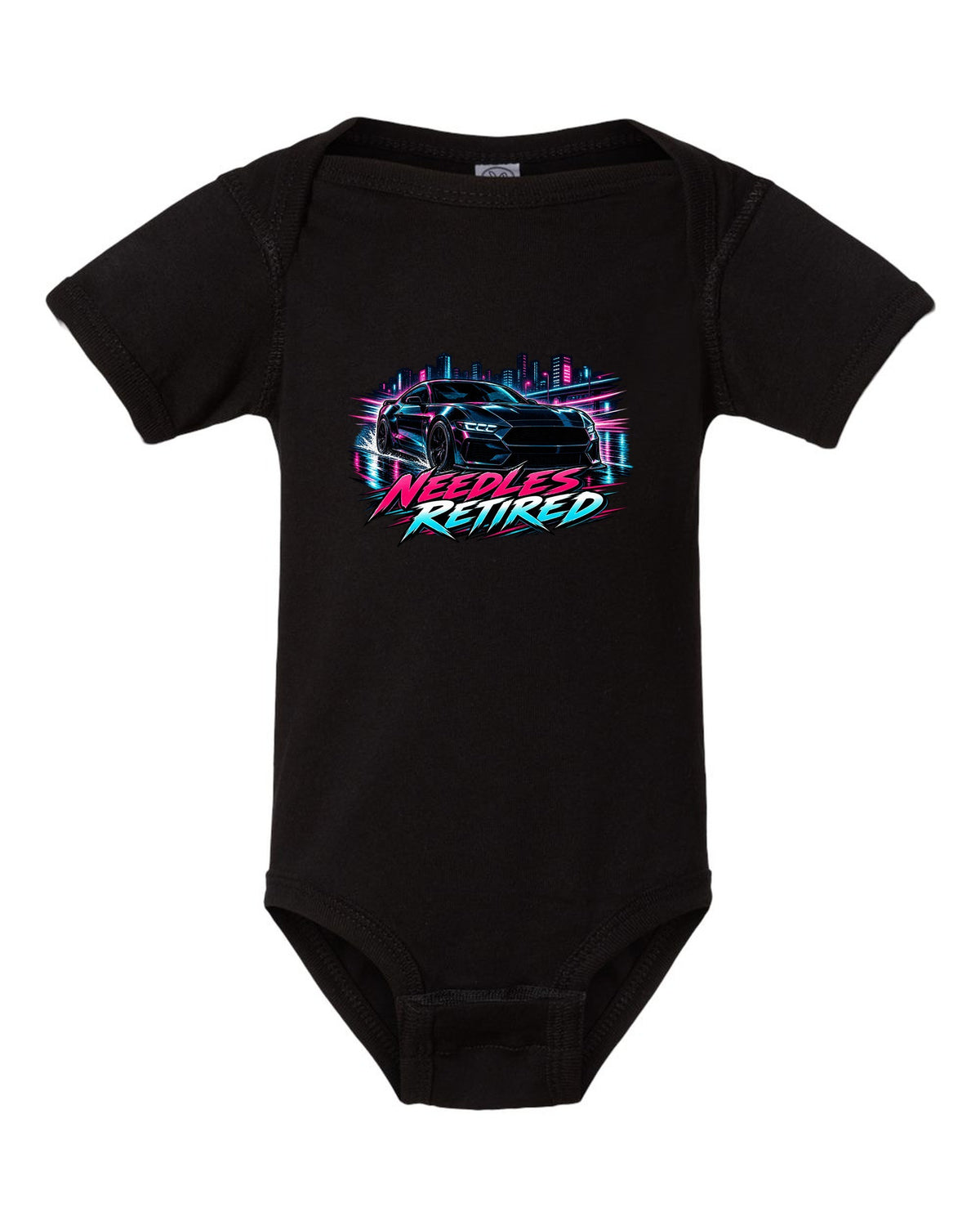 Cel-shaded anime night touge print of a 2024 S650 Mustang coupe with Needles Retired text black baby onesie front view with the design