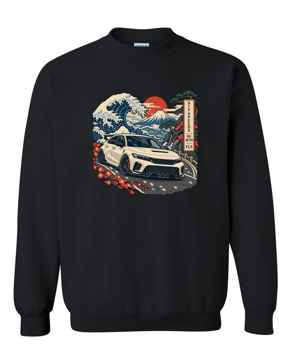 Ukiyo-e woodblock print of a 2023 Honda Civic Type R FL5 on a Fuji pass with six speeds no auto text black crewneck front view with the design