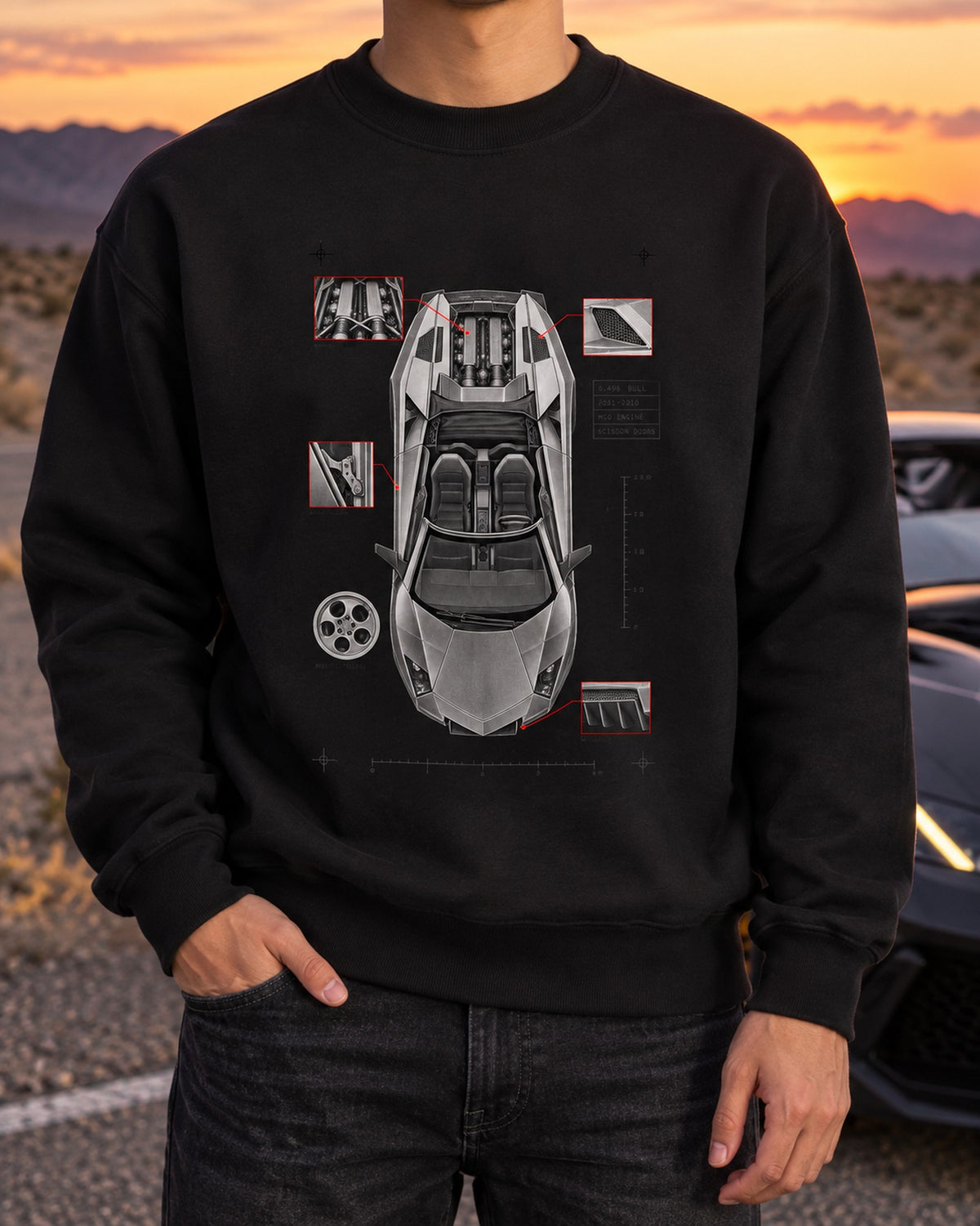 Lamborghini Murcielago LP640 Roadster Spec Plan Shirt, 4,099 Built Crewneck Black worn hero