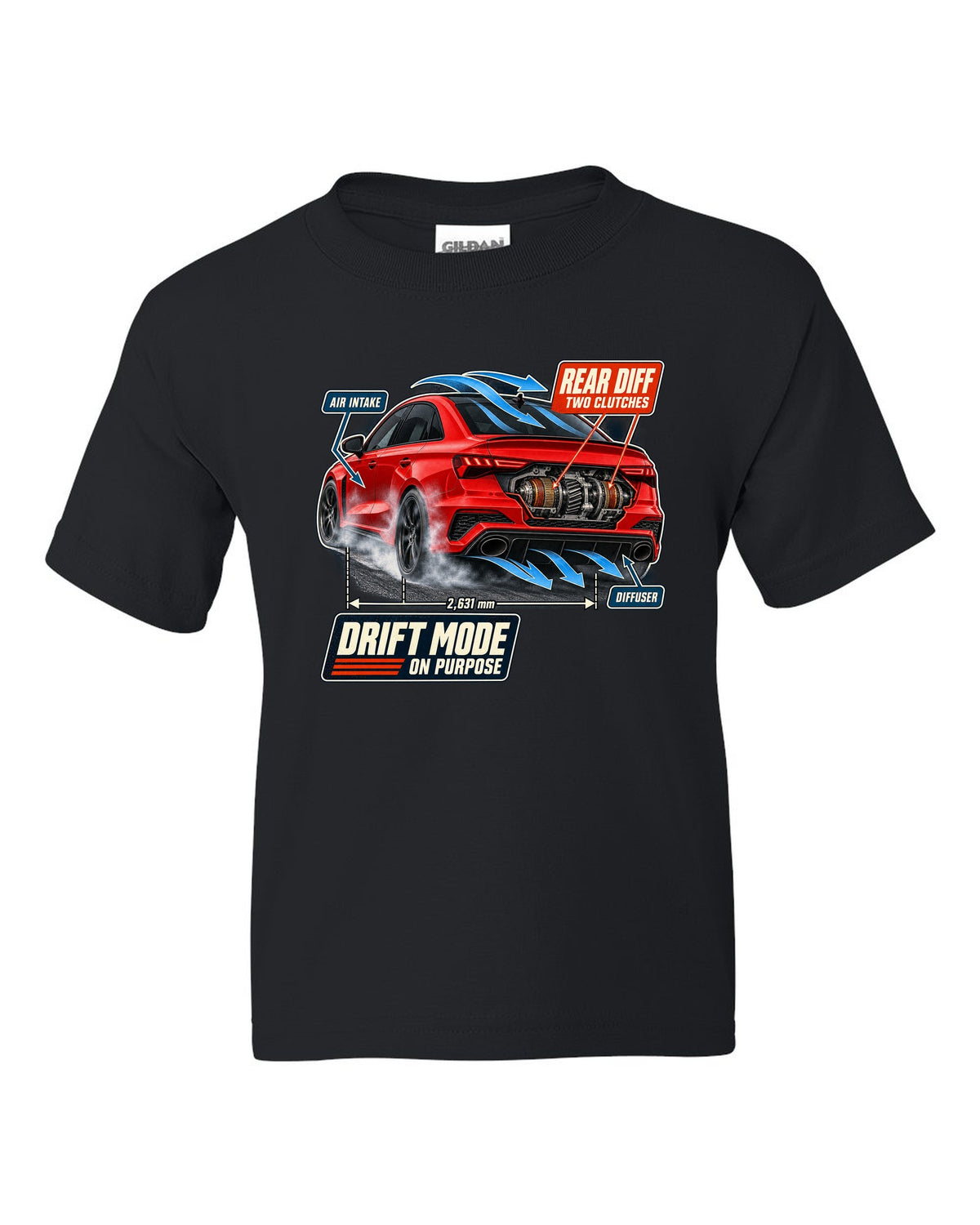 Cutaway callouts on an Audi RS3 8Y sedan showing rear diff and two clutches black kids tee front view with the design