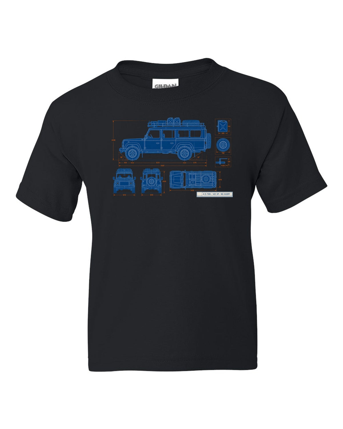 Blueprint line drawing print of a Land Rover Defender 110 Td5 with roof rack and 2.5 TD5 text black kids tee front view with the design