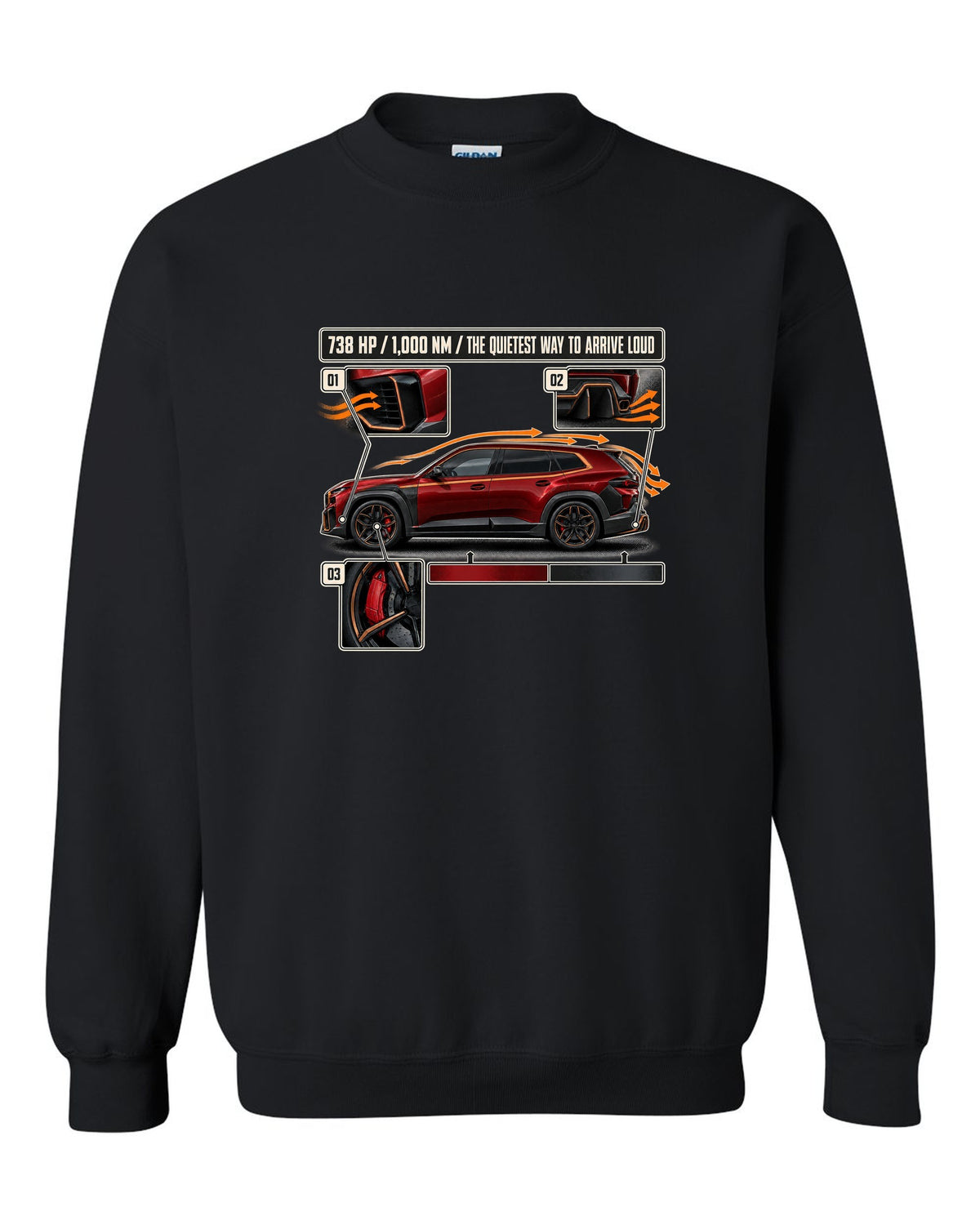 BMW XM Label Red aero cutaway callouts print on a tee black crewneck front view with the design