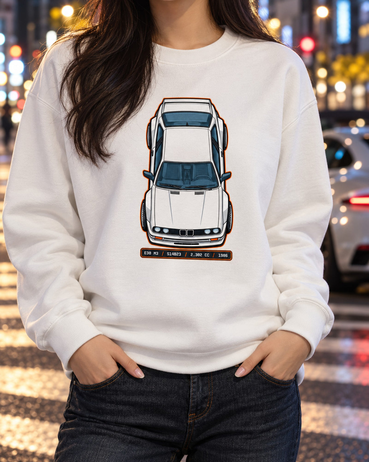 BMW E30 M3 S14 Engine Data Plate Shirt, Car Guy Tee Crewneck White worn hero
