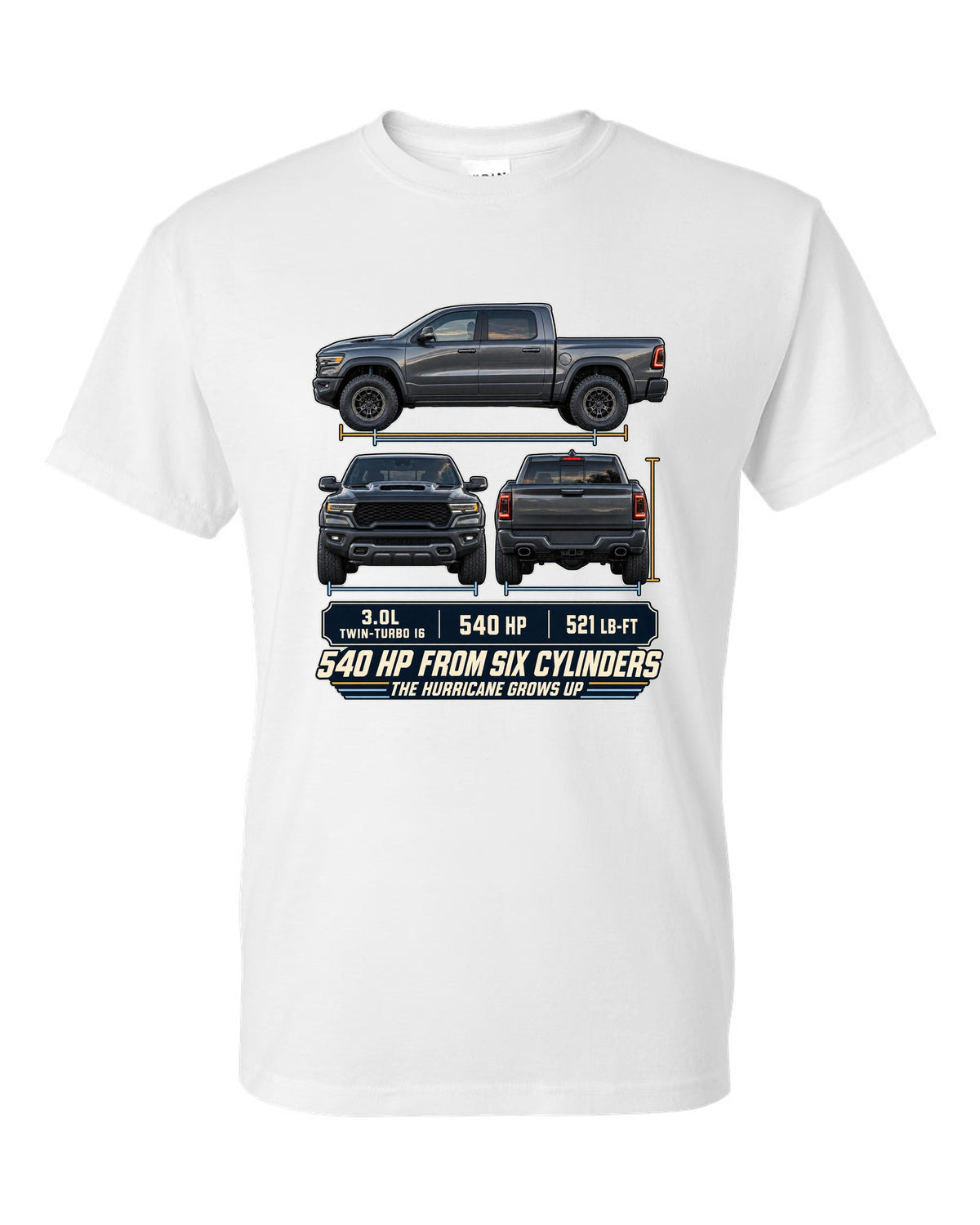 Ram 1500 RHO 2025 three-view drawing with spec table print white t-shirt front view with the design