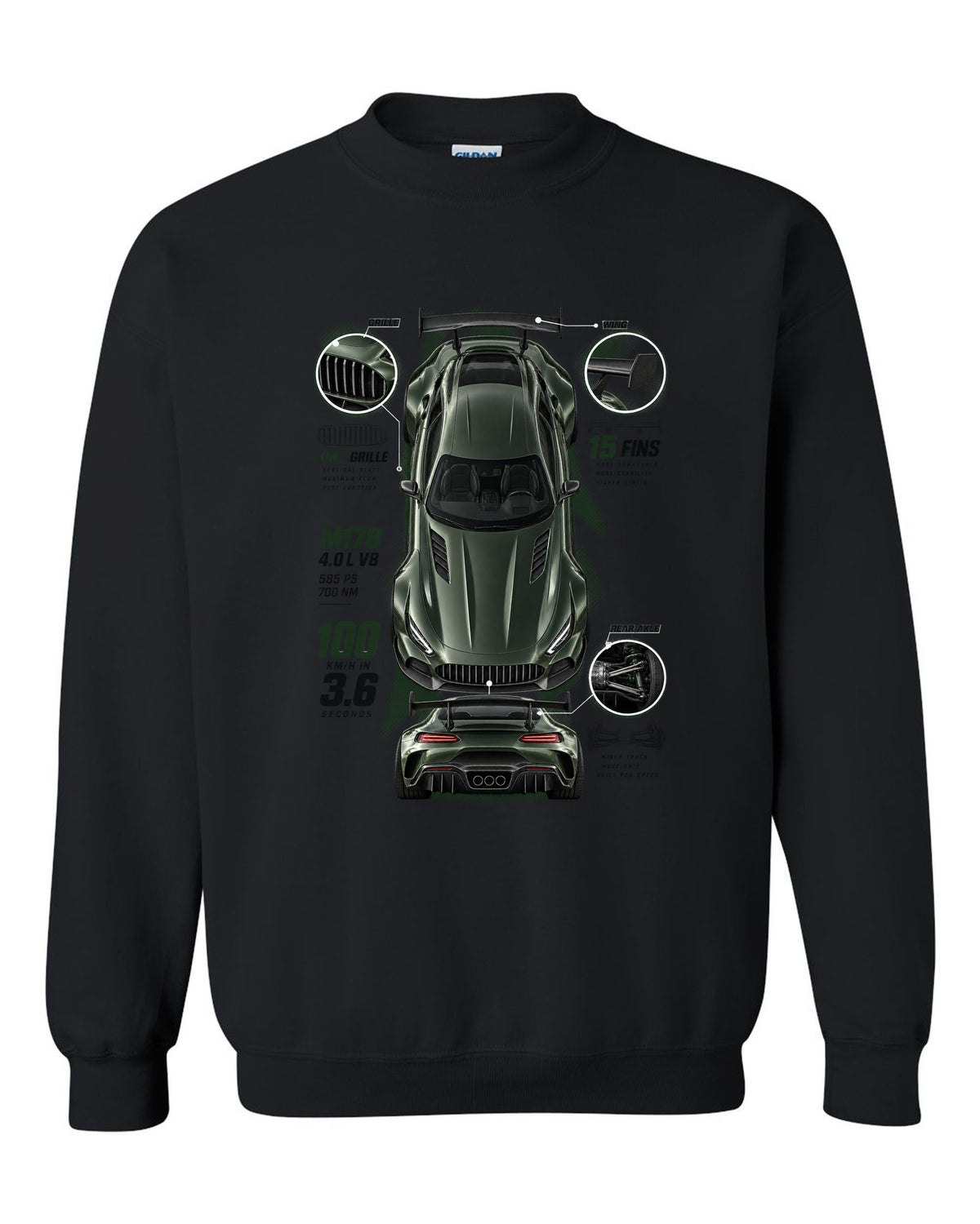 Spec poster print of a Mercedes-AMG GT R C190 with 100 km/h in 3.6 and 15 fins lettering black crewneck front view with the design