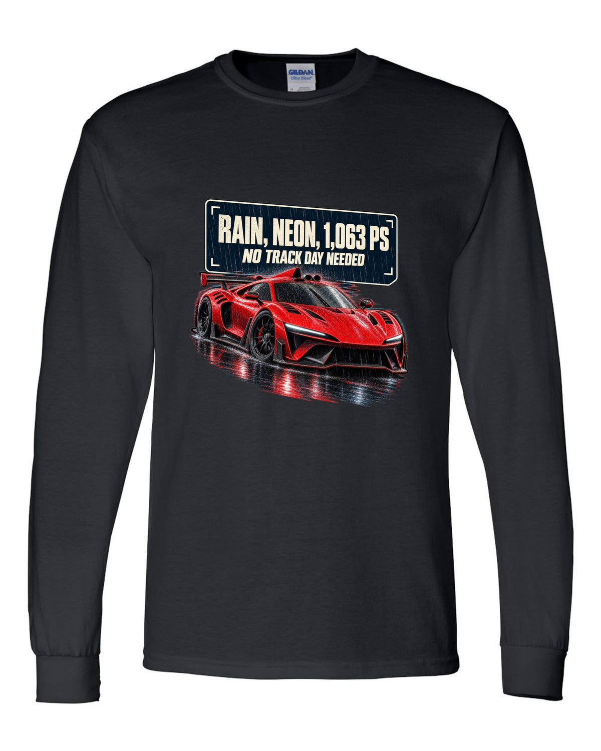 Mercedes-AMG One hypercar on a rainy neon night street black long sleeve front view with the design