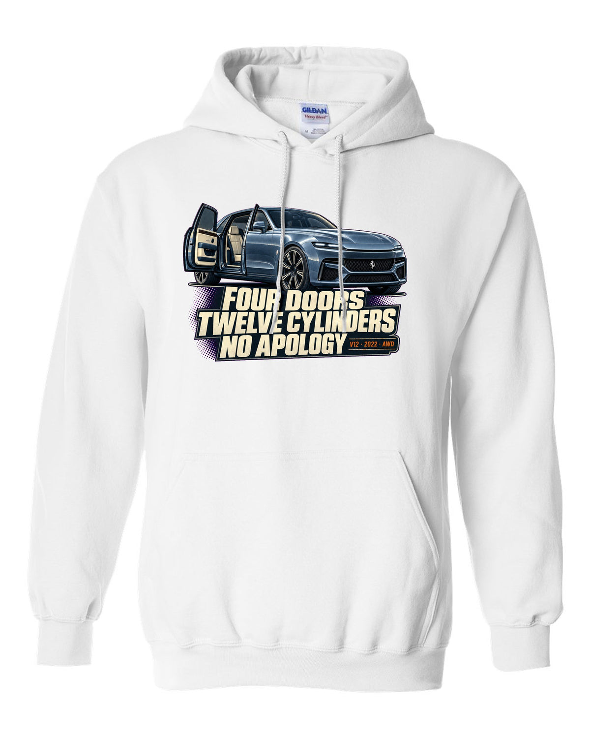 Editorial headline print of the Ferrari Purosangue on a tee white pull over hoodie front view with the design