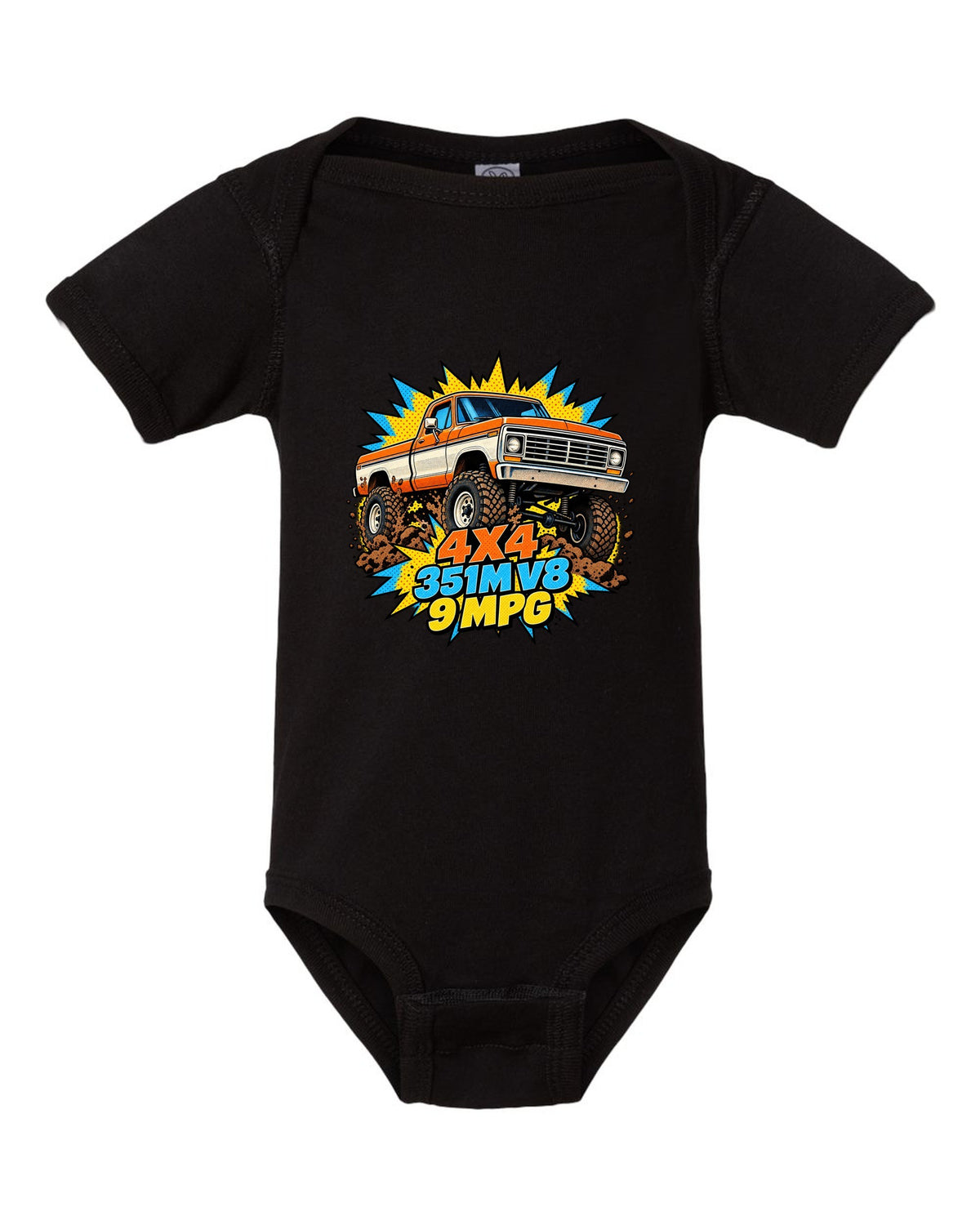 Dent-Side Ford F-150 Comic Halftone Pop-Art Workshop Tee black baby onesie front view with the design