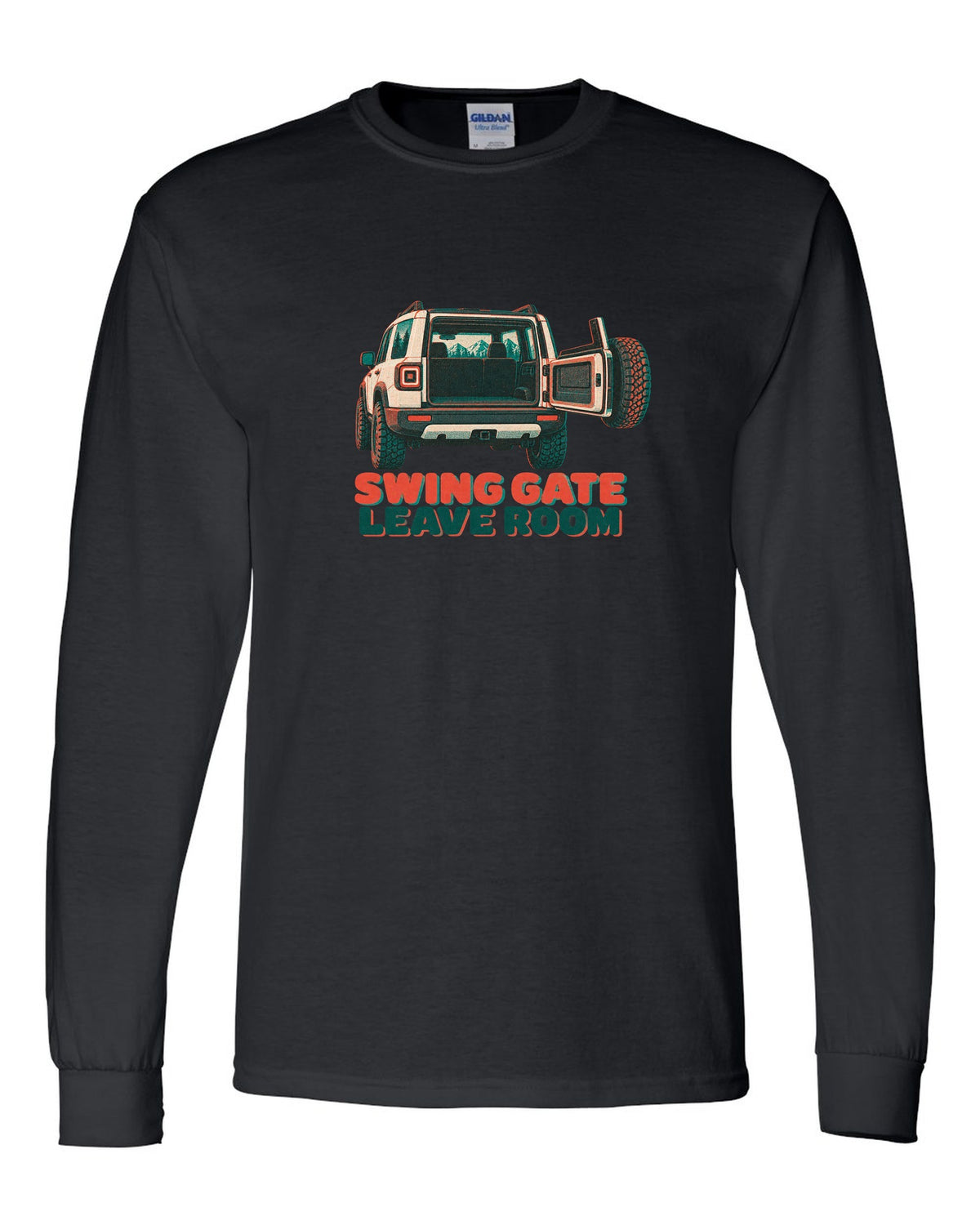 Risograph-style rear view of a Land Rover Defender L663 110 with spare wheel on the swing gate black long sleeve front view with the design