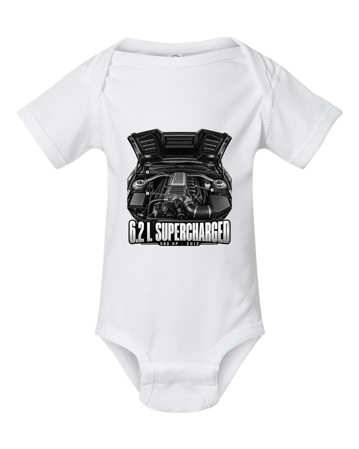 Engine hero print of a supercharged 6.2 L LSA in a 2013 Chevrolet Camaro ZL1 with numbered callouts white baby onesie front view with the design