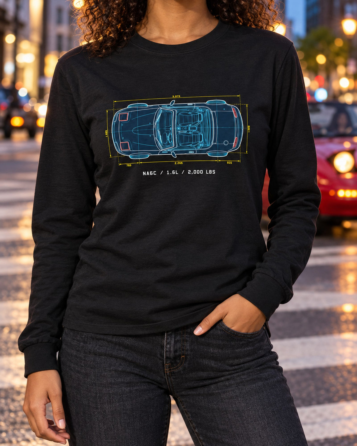Mazda MX-5 NA6C 1.6L Blueprint Shirt, 2,000 LBS Miata Tee Long Sleeve Black worn hero