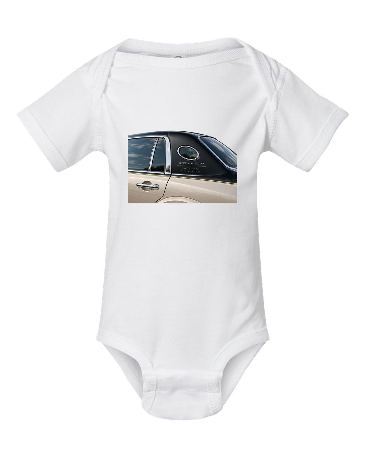 Detail macro print of a Maybach 62 W240 opera window with Since 2002 lettering white baby onesie front view with the design