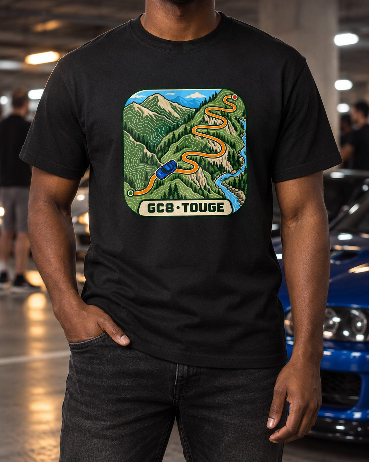 Subaru Impreza WRX GC8 Touge Contour Map print Shirt T-Shirt Black worn hero