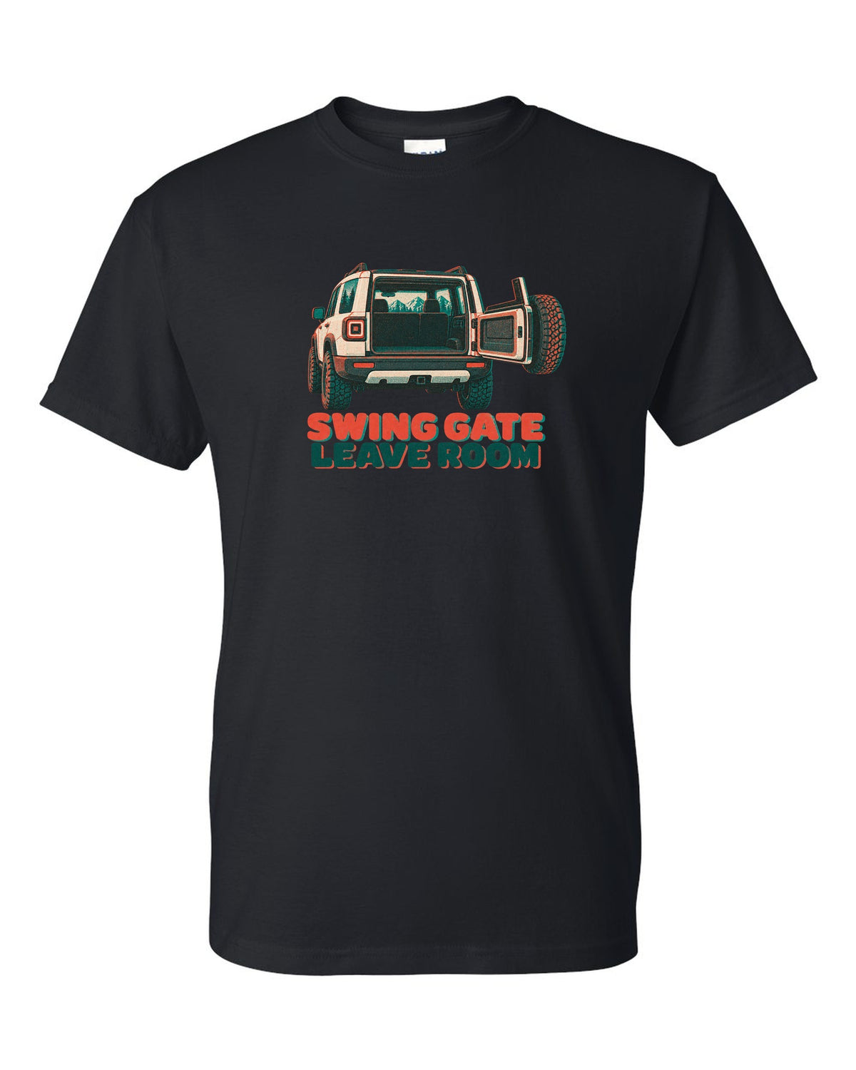 Risograph-style rear view of a Land Rover Defender L663 110 with spare wheel on the swing gate black t-shirt front view with the design