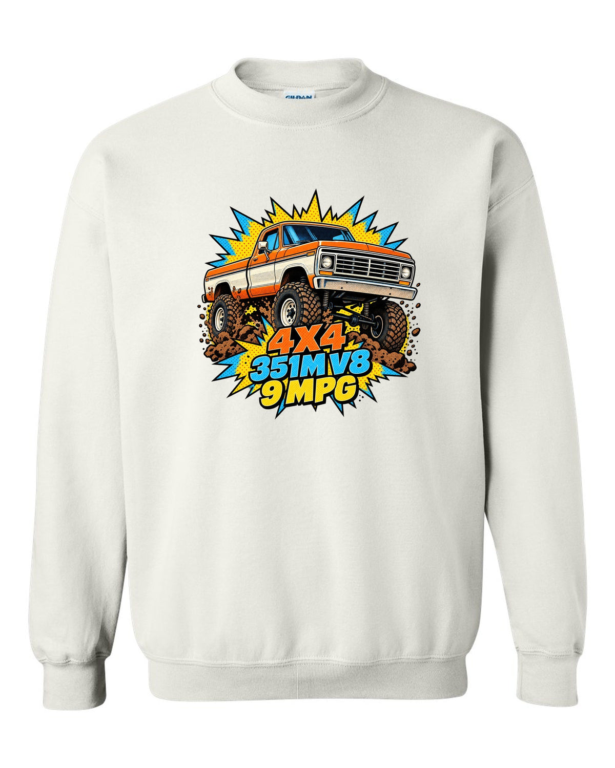 Dent-Side Ford F-150 Comic Halftone Pop-Art Workshop Tee white crewneck front view with the design