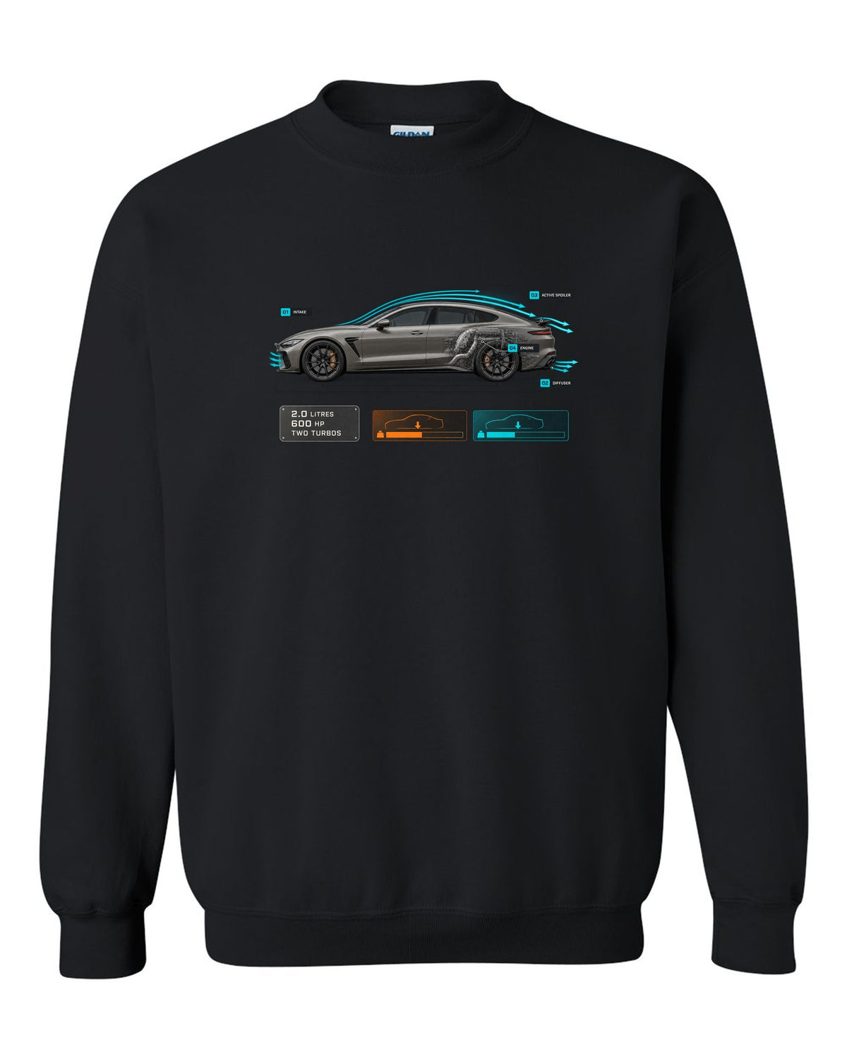 print of the Koenigsegg Gemera with aero callouts and the text 2.0 litres, 600 hp, two turbos black crewneck front view with the design