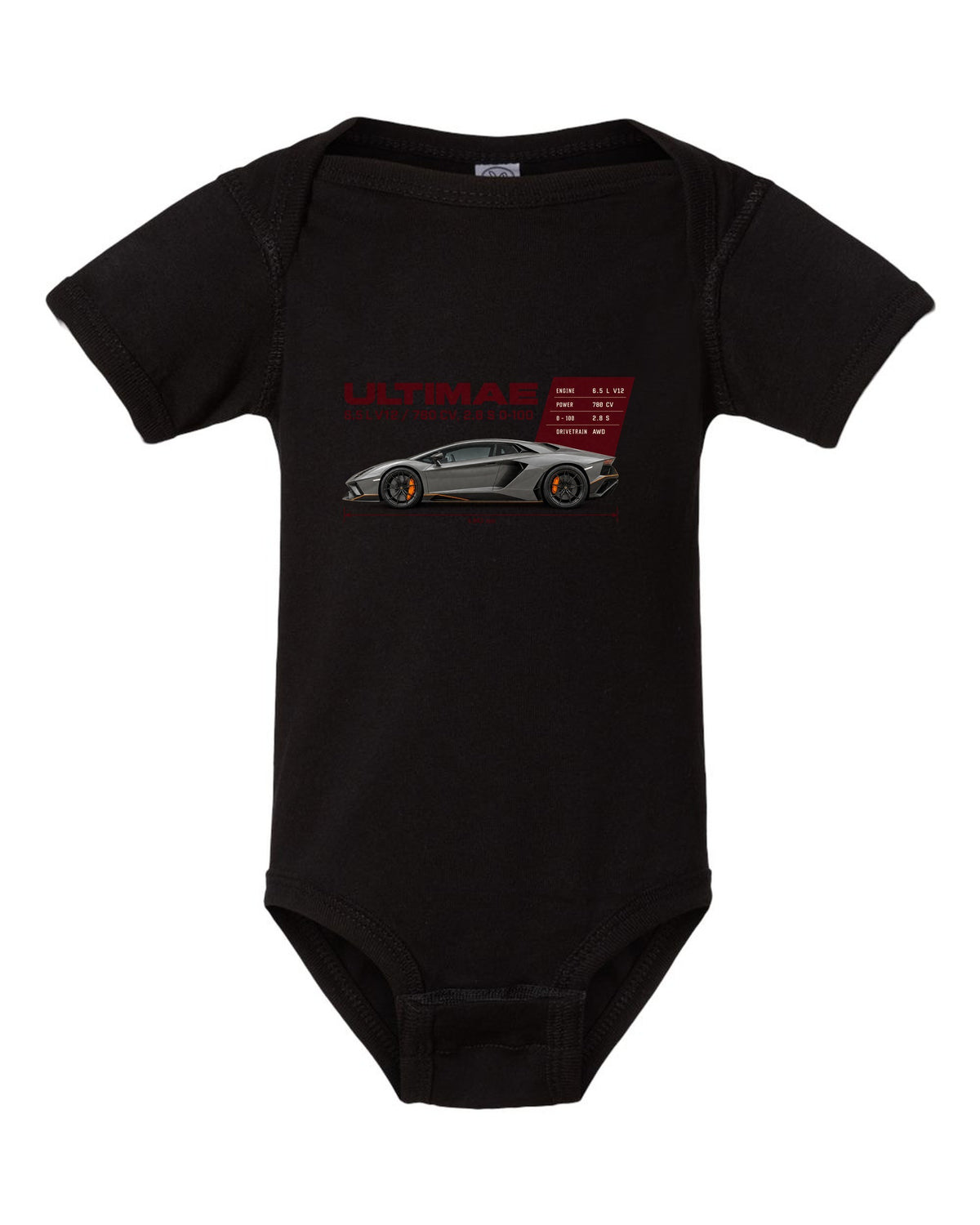 Spec poster print of the Lamborghini Aventador Ultimae with V12 figures black baby onesie front view with the design
