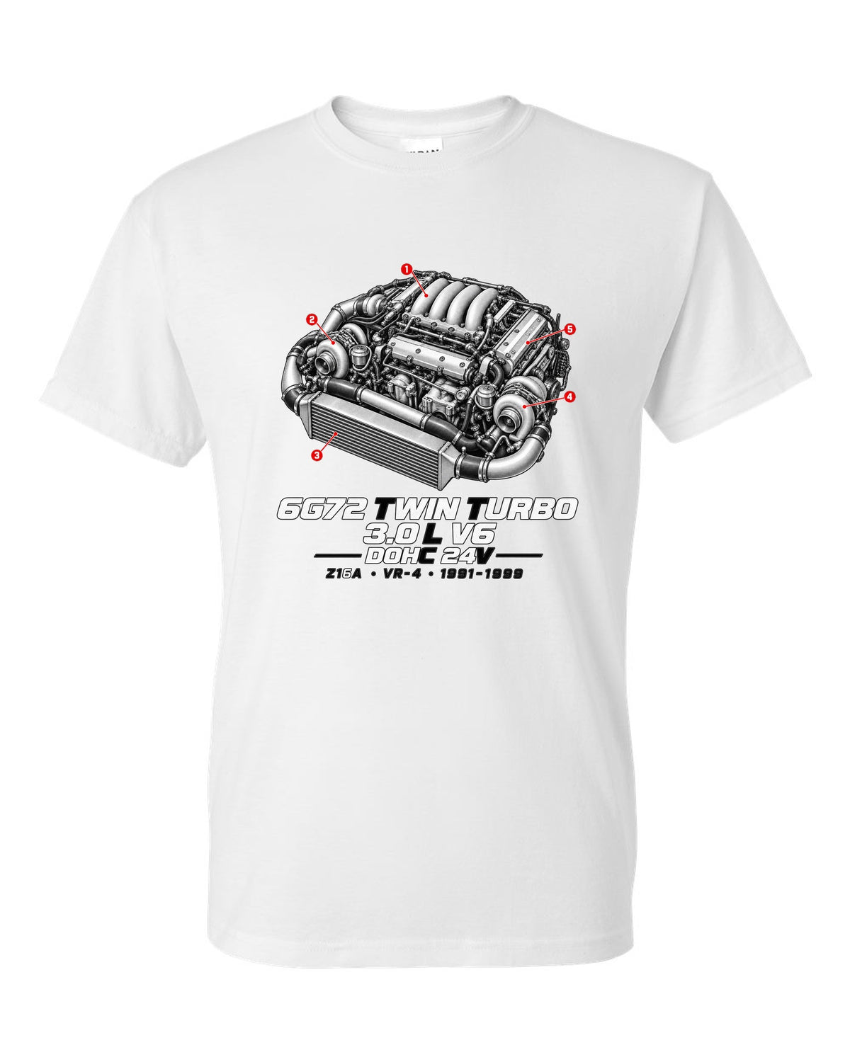 Mitsubishi 3000GT VR-4 Z16A engine bay with 6G72 twin turbo V6 specs white t-shirt front view with the design