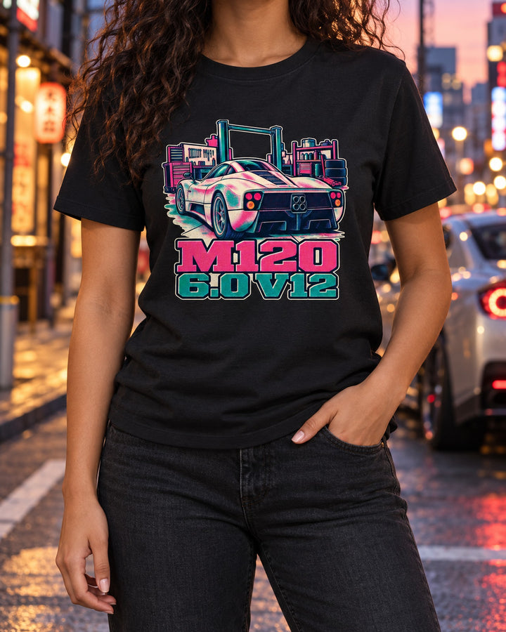 Pagani Zonda C12 1999 Four Pipe Riso Print Tee, M120 V12 T-Shirt Black worn hero