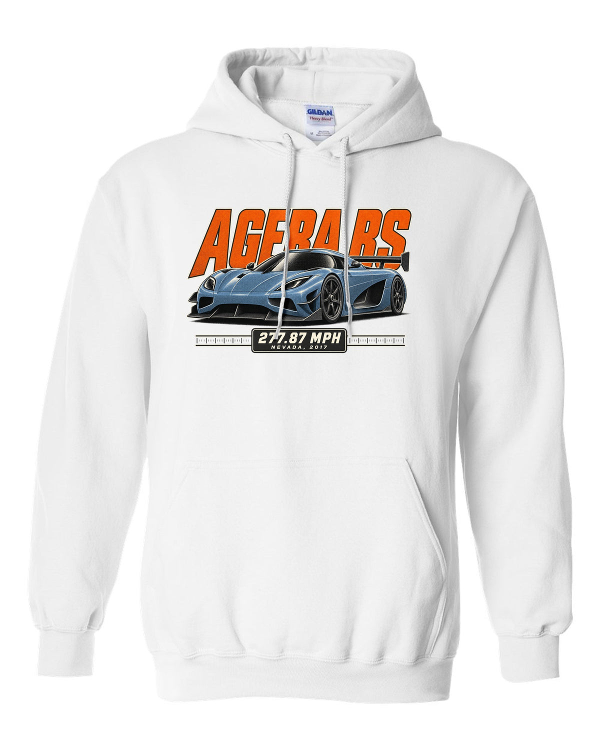Halftone print of the Koenigsegg Agera RS with the text 277.87 mph, Nevada, 2017 white pull over hoodie front view with the design