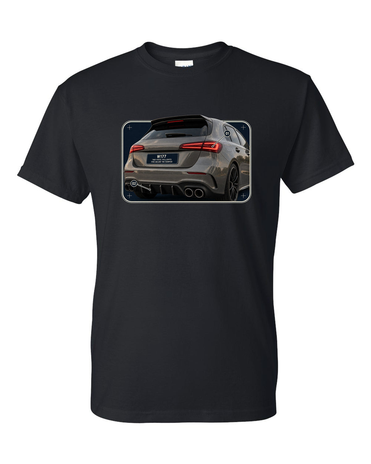 Mercedes-AMG A45 S W177 rear taillight macro detail print black t-shirt front view with the design