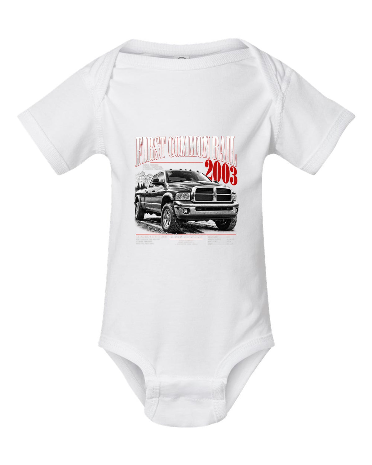 Editorial headline of a 2003-2009 Ram 2500 3rd gen with the text First Common Rail 2003 white baby onesie front view with the design